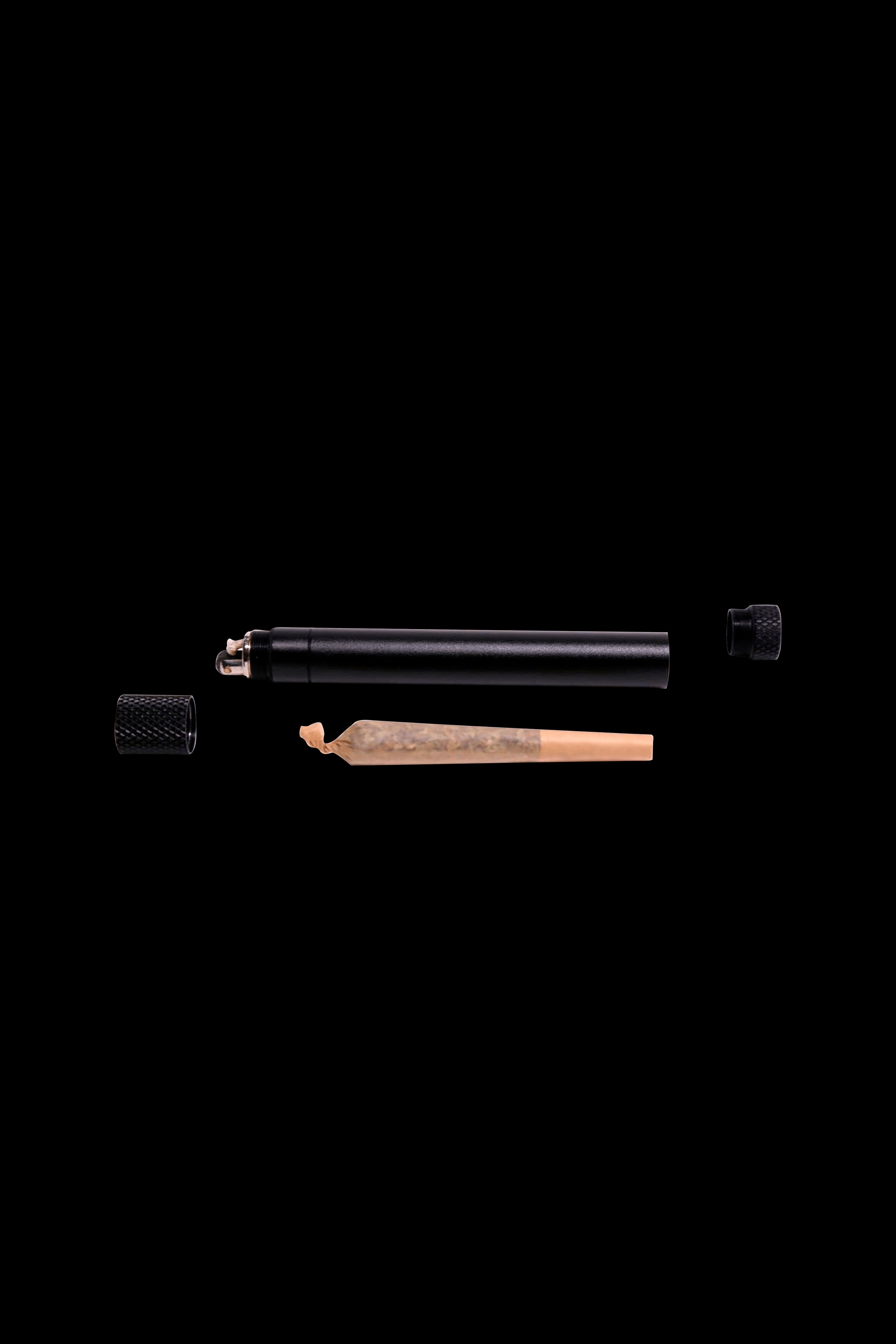 Black metal tube-style smoking device disassembled with a partially smoked joint inside, against a black background.