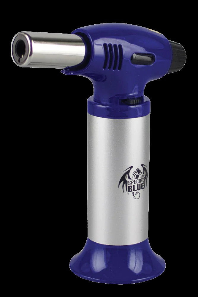 Blue and silver butane torch lighter with “Special Blue” logo.
