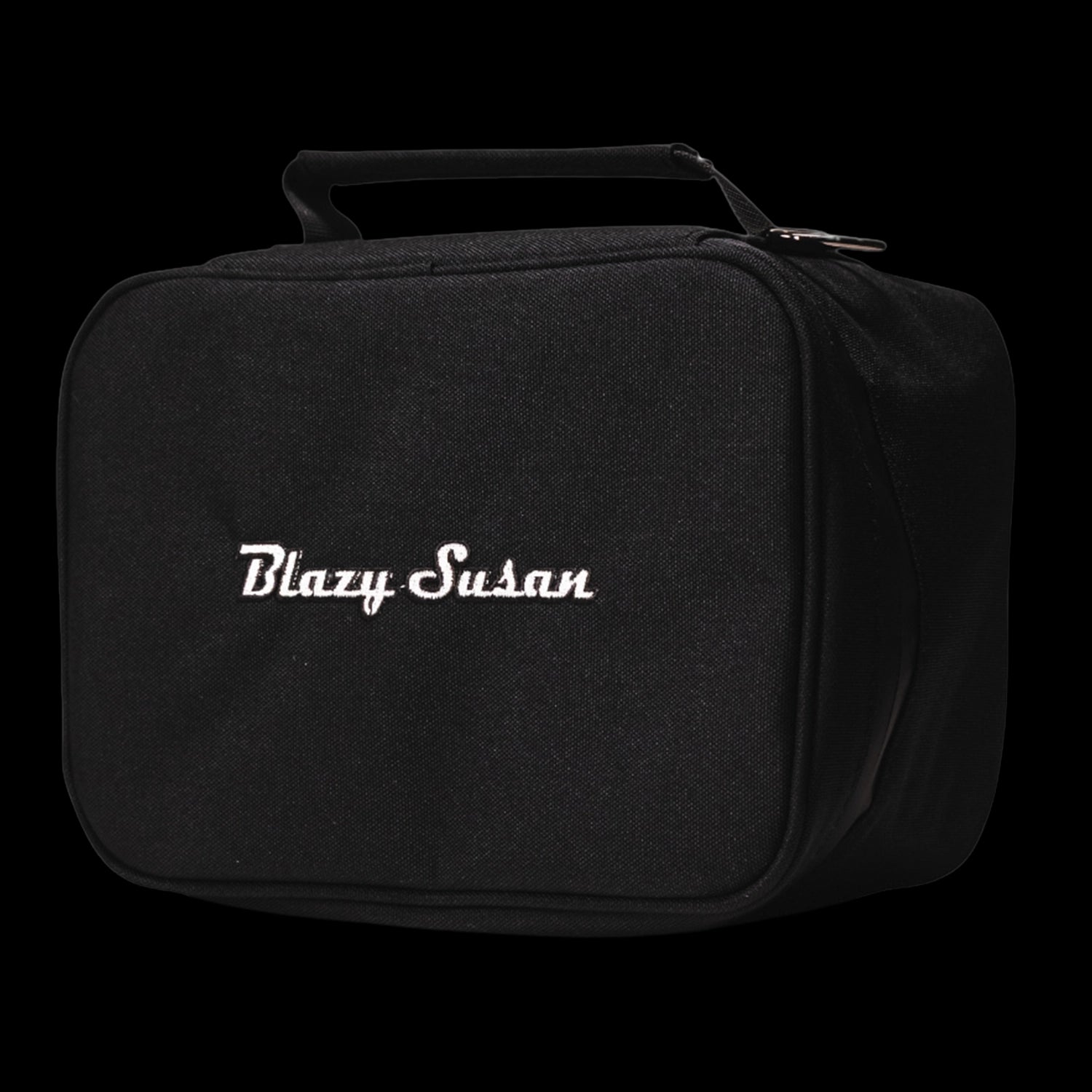 Close-up front view of the black Blazy Susan Stash Bag with white embroidered logo and top carry handle against a black background