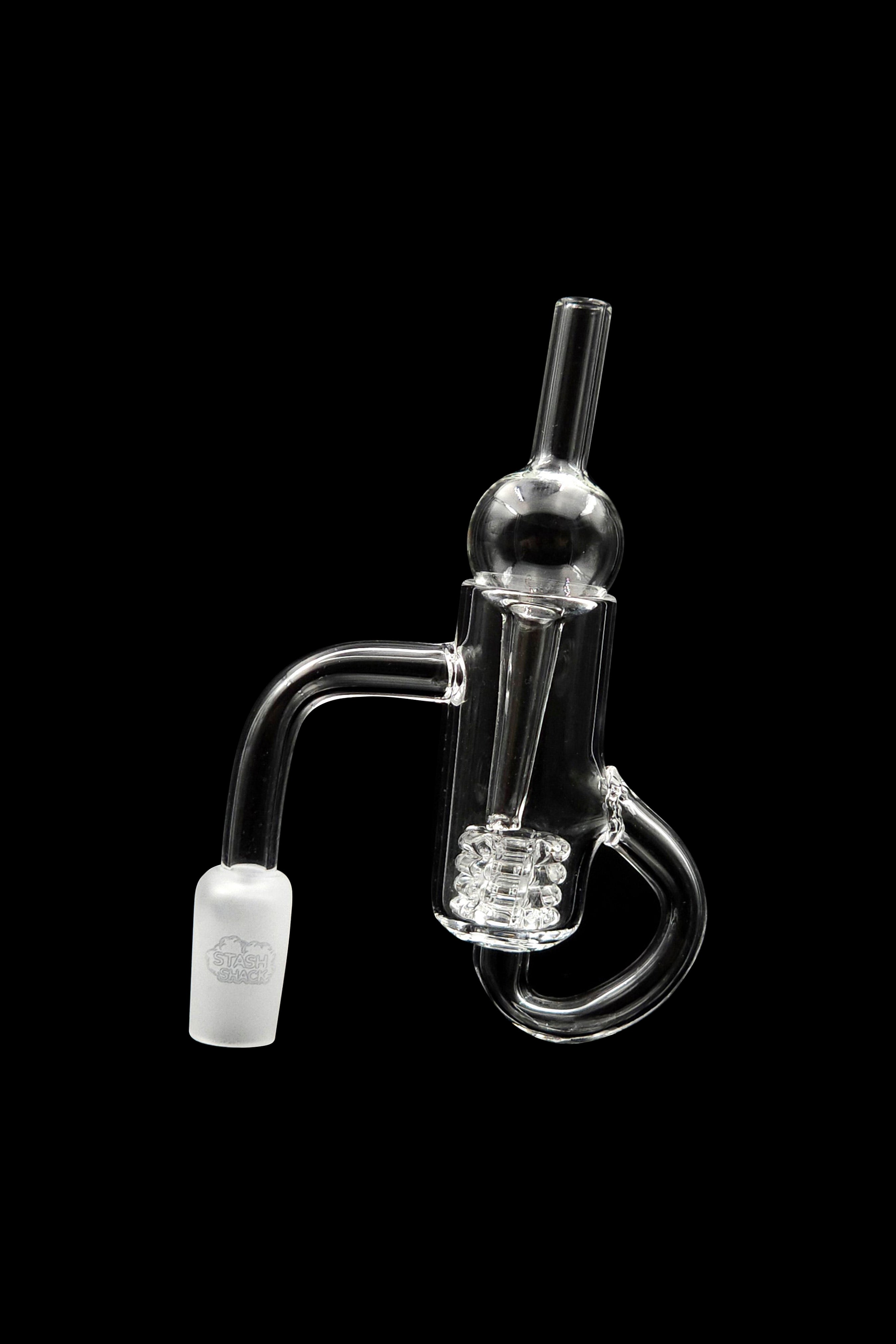 Clear glass dab rig with spherical chamber and coiled filtration.