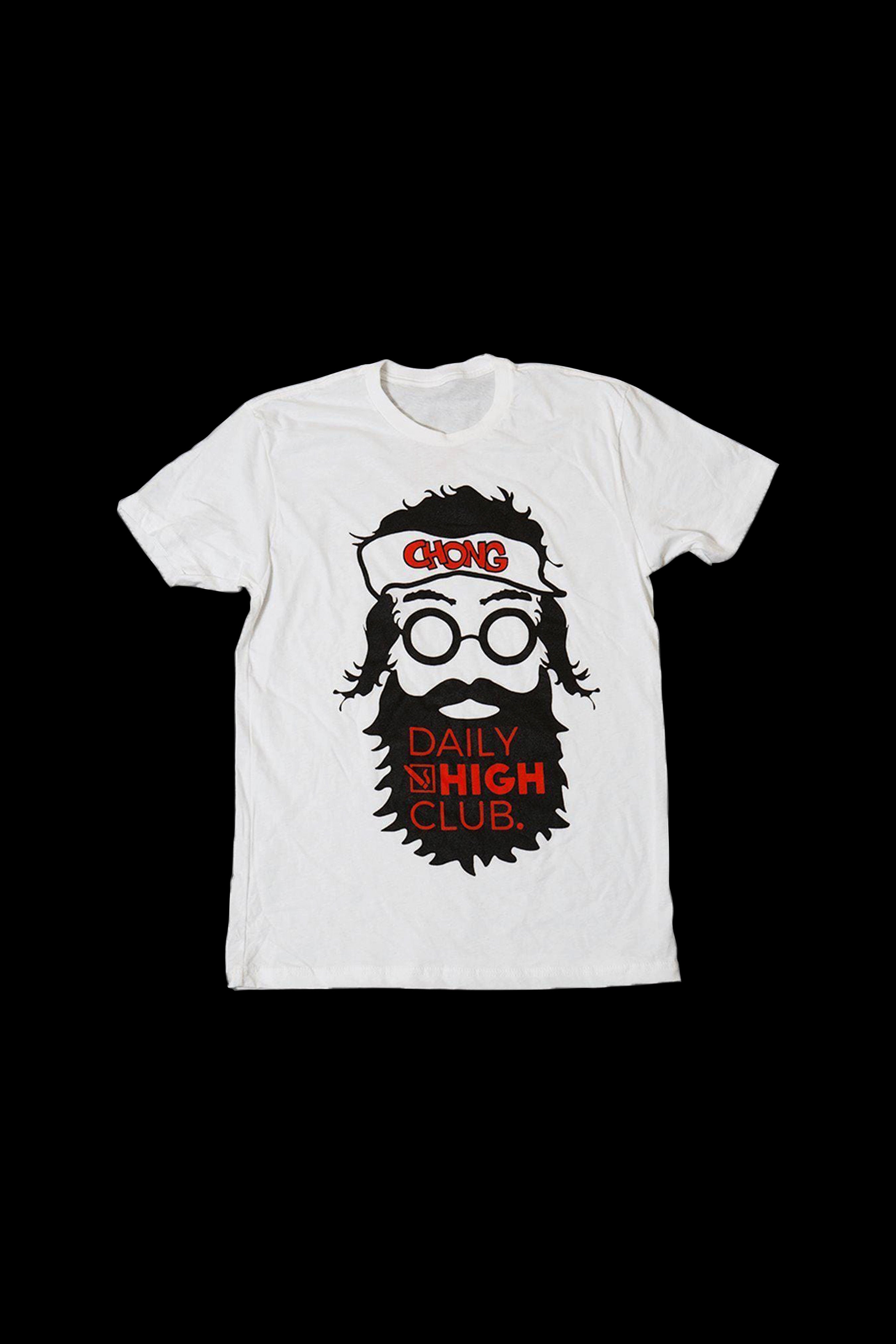 Cream t-shirt with a cartoon portrait of Tommy Chong wearing sunglasses and a hat, with the text "DAILY HIGH CLUB" below.