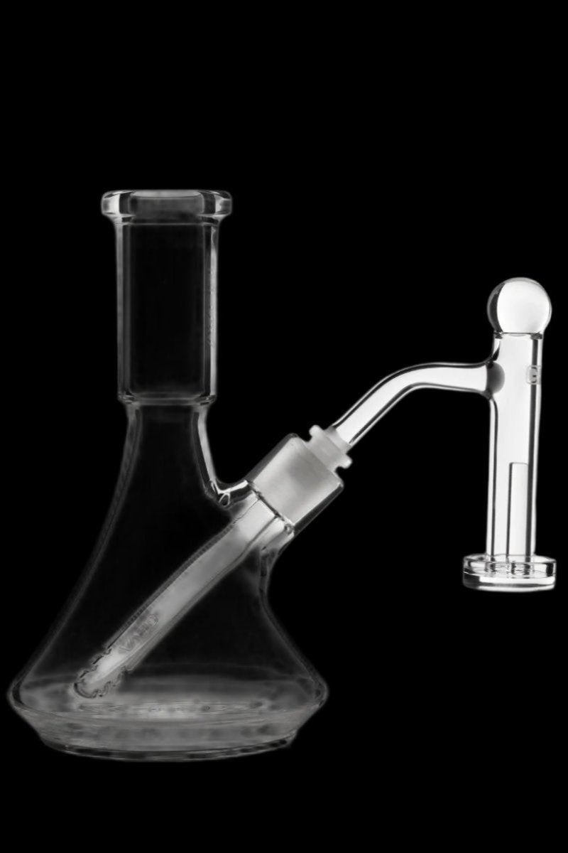Clear glass bong with detachable downstem, studio shot on black background.