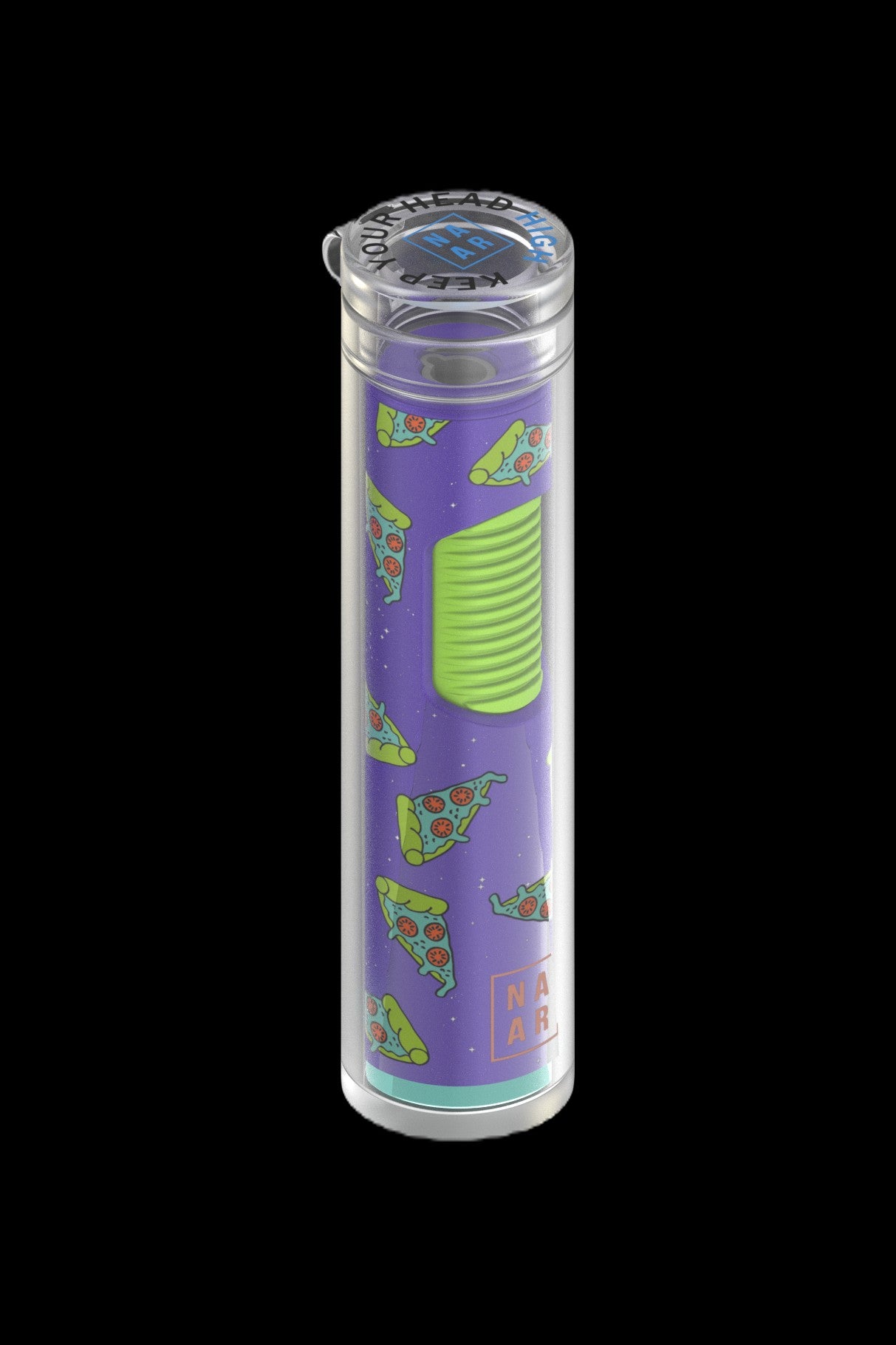 Purple and clear acrylic cannabis container decorated with pizza slices, containing a green silicone insert.