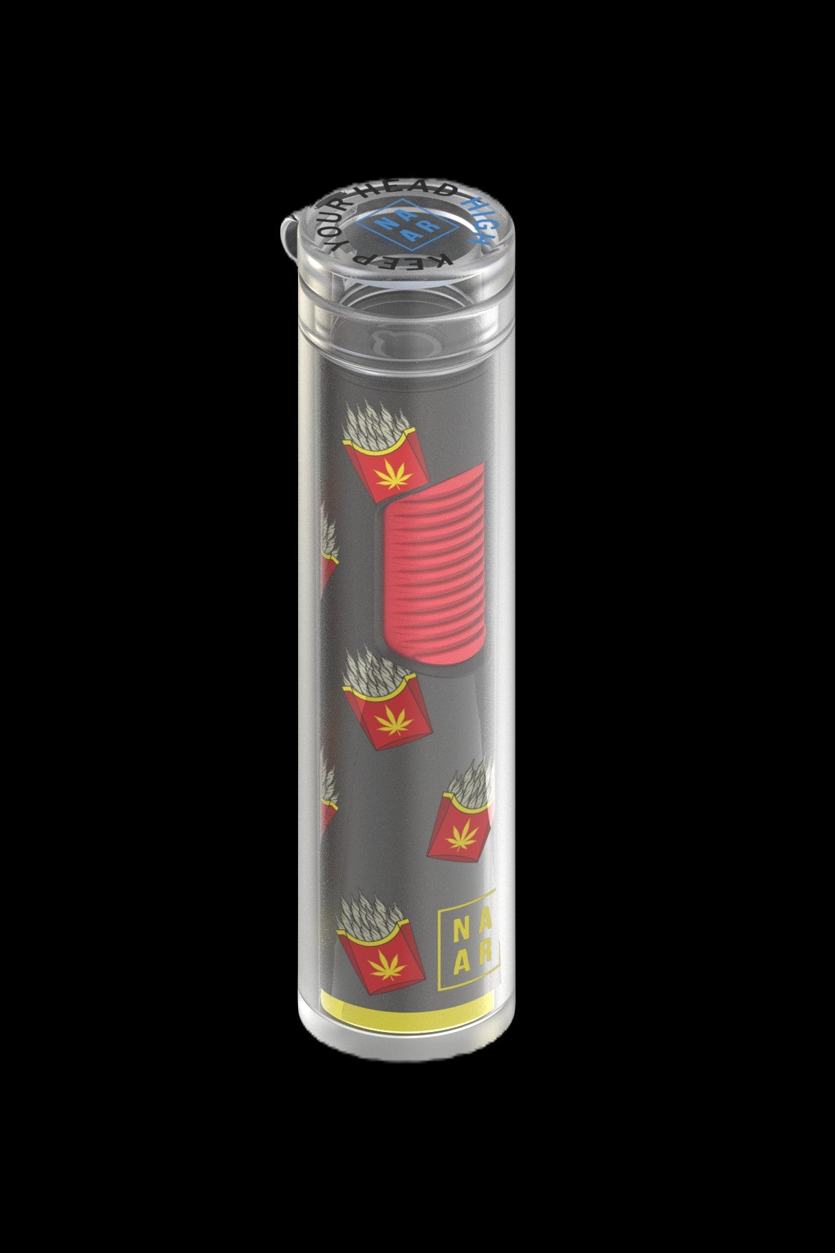 Clear acrylic tube with a red silicone insert, decorated with a repeating french fry and cannabis leaf pattern, and branded with "NA" at the base.