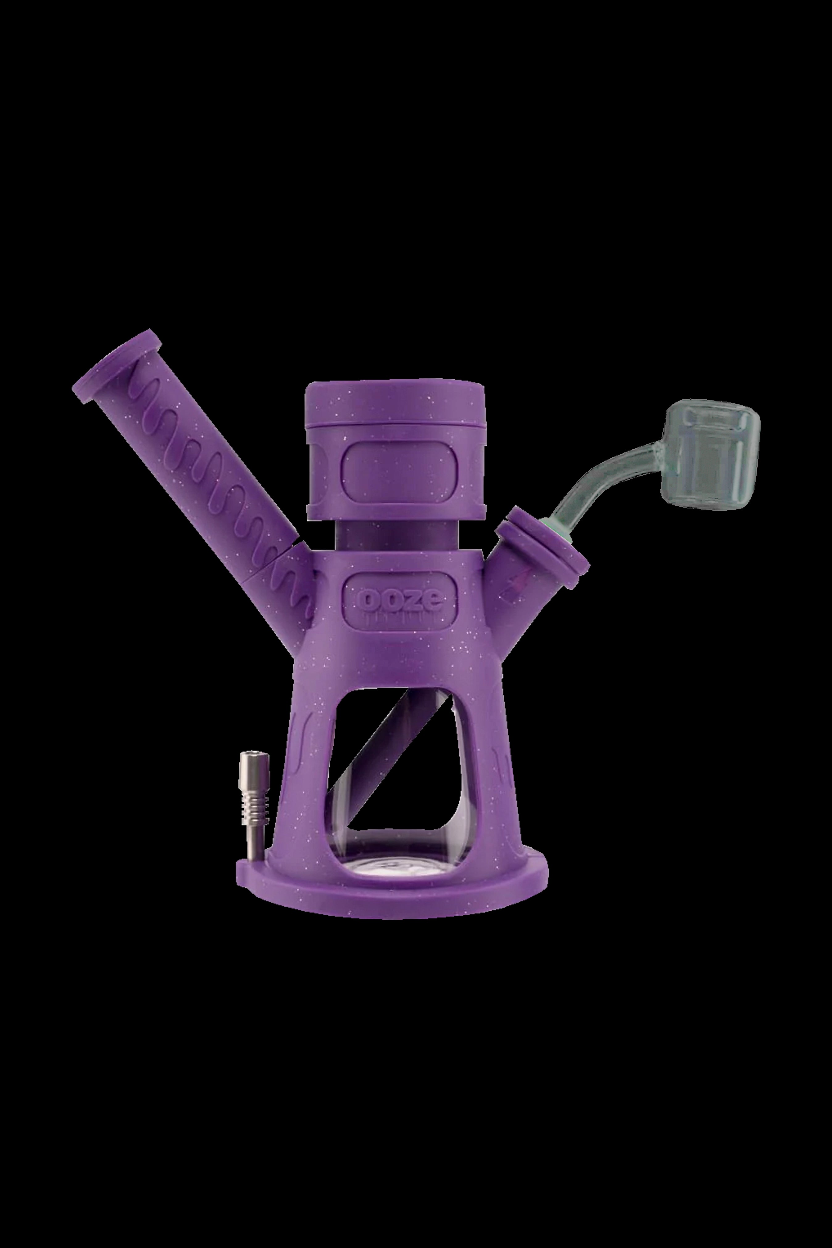 Purple silicone dab rig with a quartz banger, isolated on a black background.