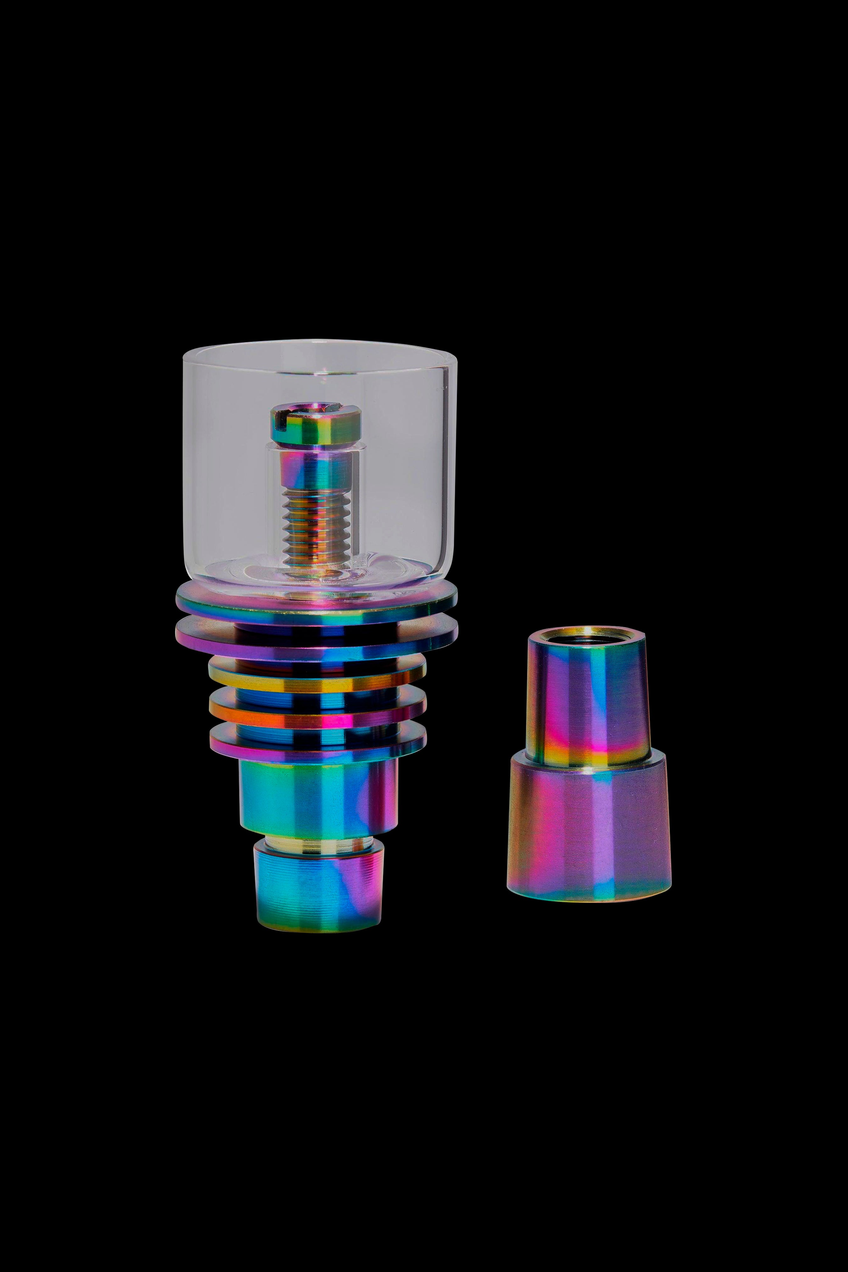 Iridescent titanium e-nail and accompanying titanium tip for vaporizing cannabis concentrates.