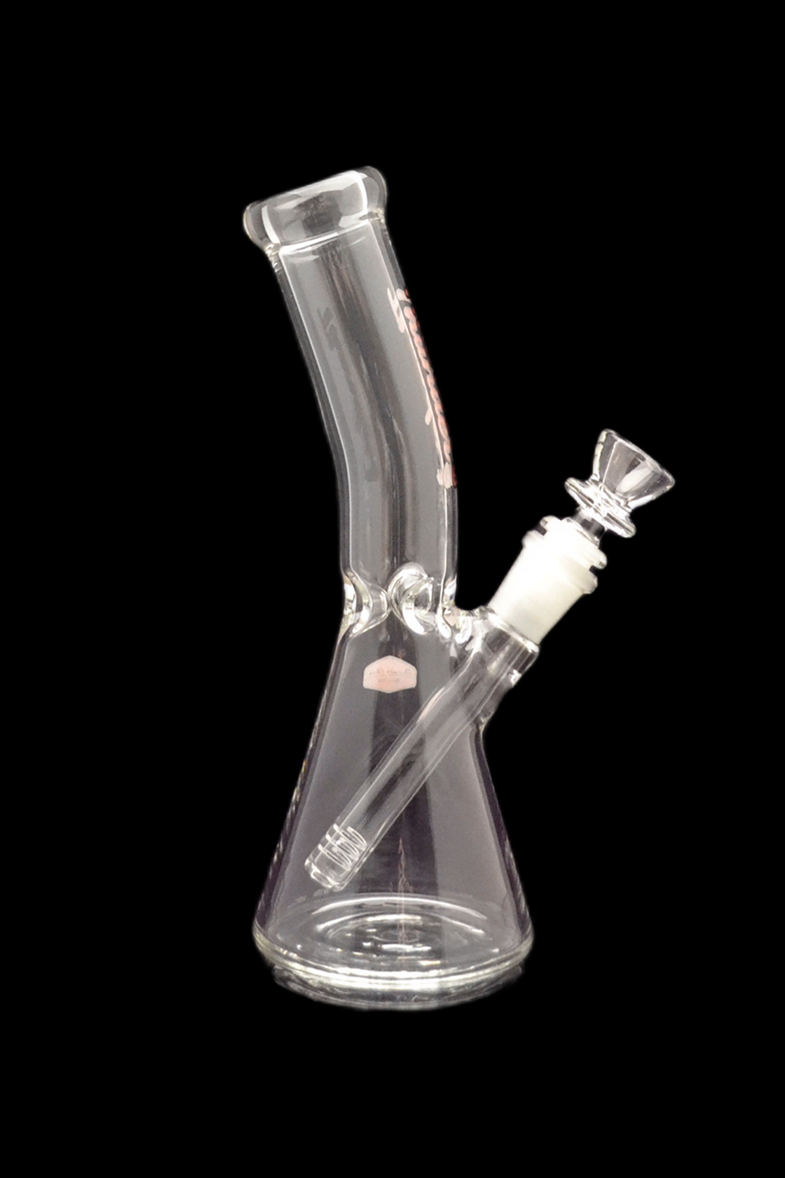 Clear glass bong with a flared base and angled neck, isolated on a black background.