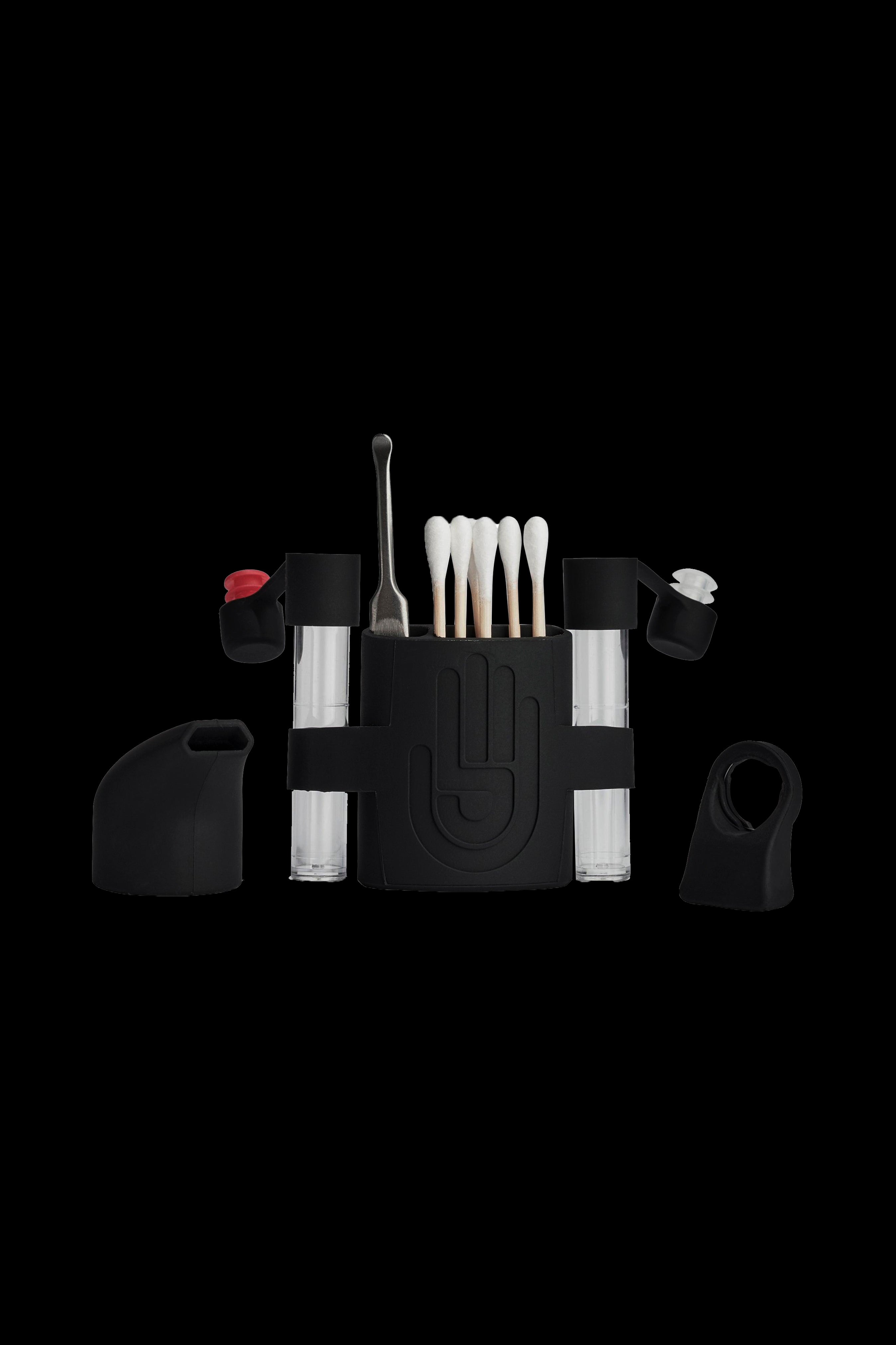Black cannabis smoking kit with various tools and cartridges arranged around a central case.