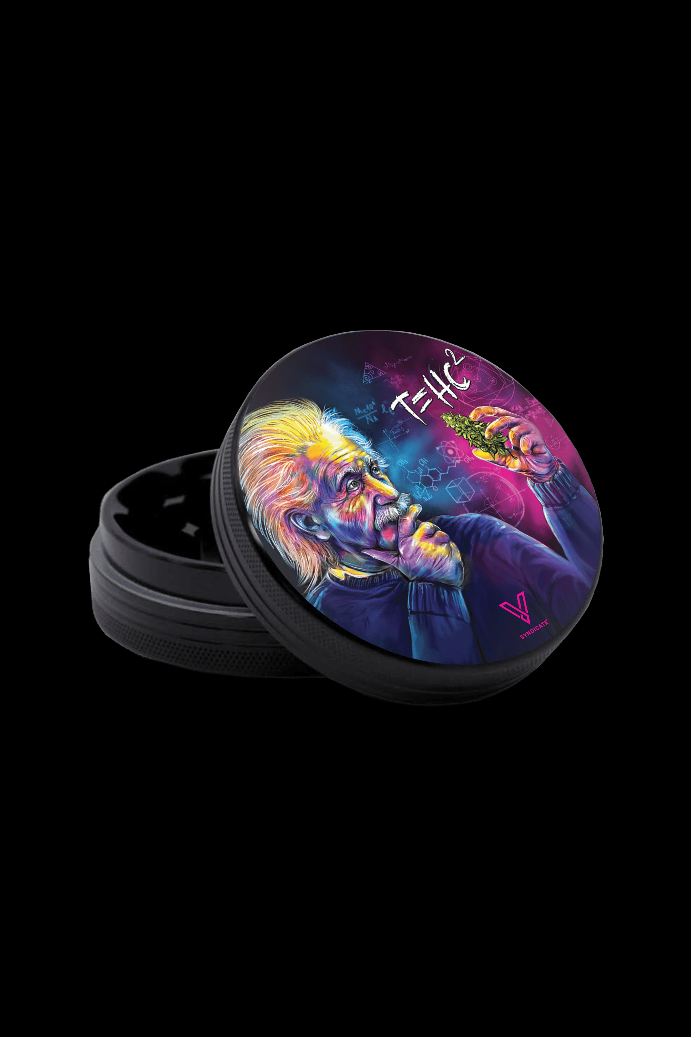 A black metal grinder with a colorful illustration of Albert Einstein smoking cannabis, with a formula “T=HC” replacing “E=MC²” and psychedelic botanical elements.