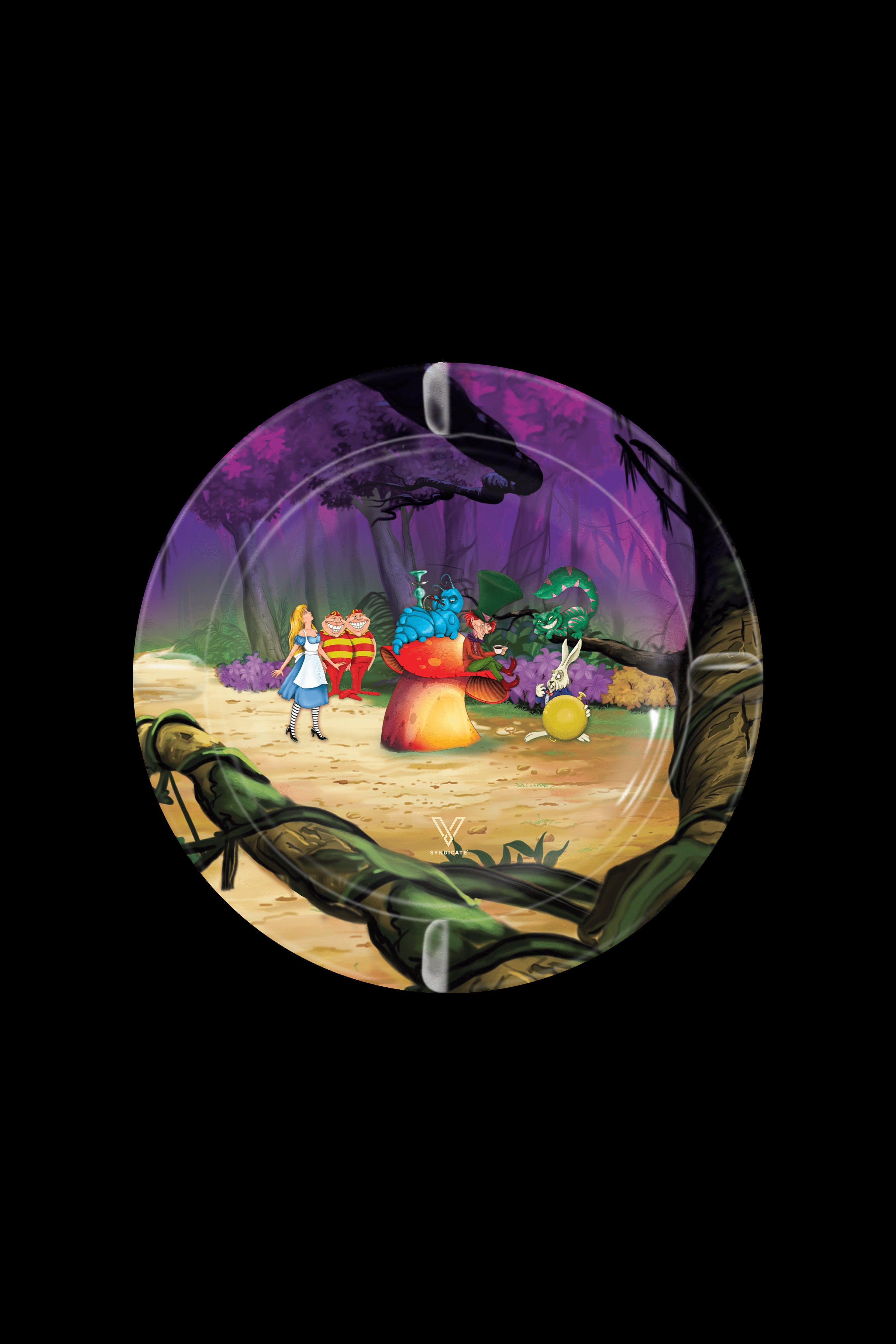 A circular glass plate depicting a whimsical “Alice in Wonderland” scene with cannabis-themed characters and foliage, likely a smoking accessory.