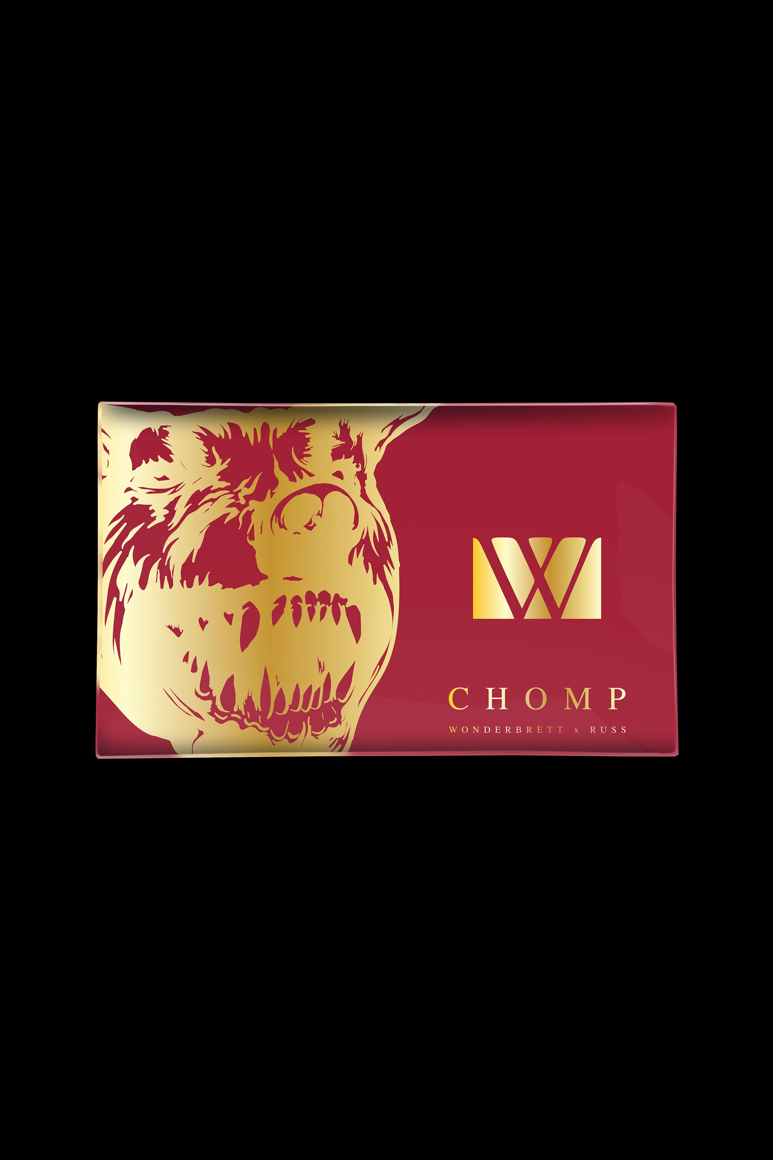 Red cannabis packaging with a golden bear illustration and "CHOMP" branding.