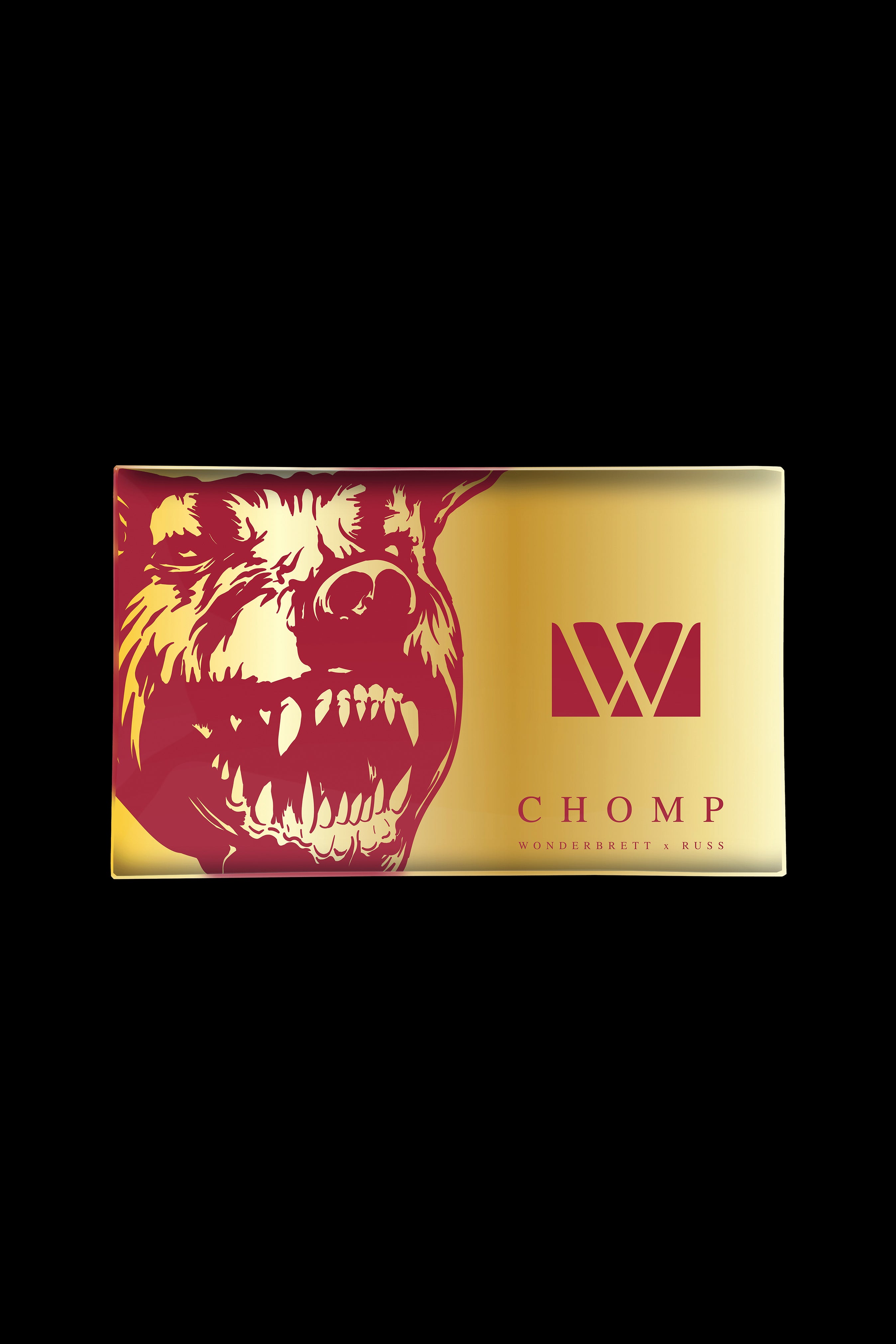 Gold cannabis packaging box featuring a snarling bear illustration and the text “CHOMP WONDERRETT & RUSS”.