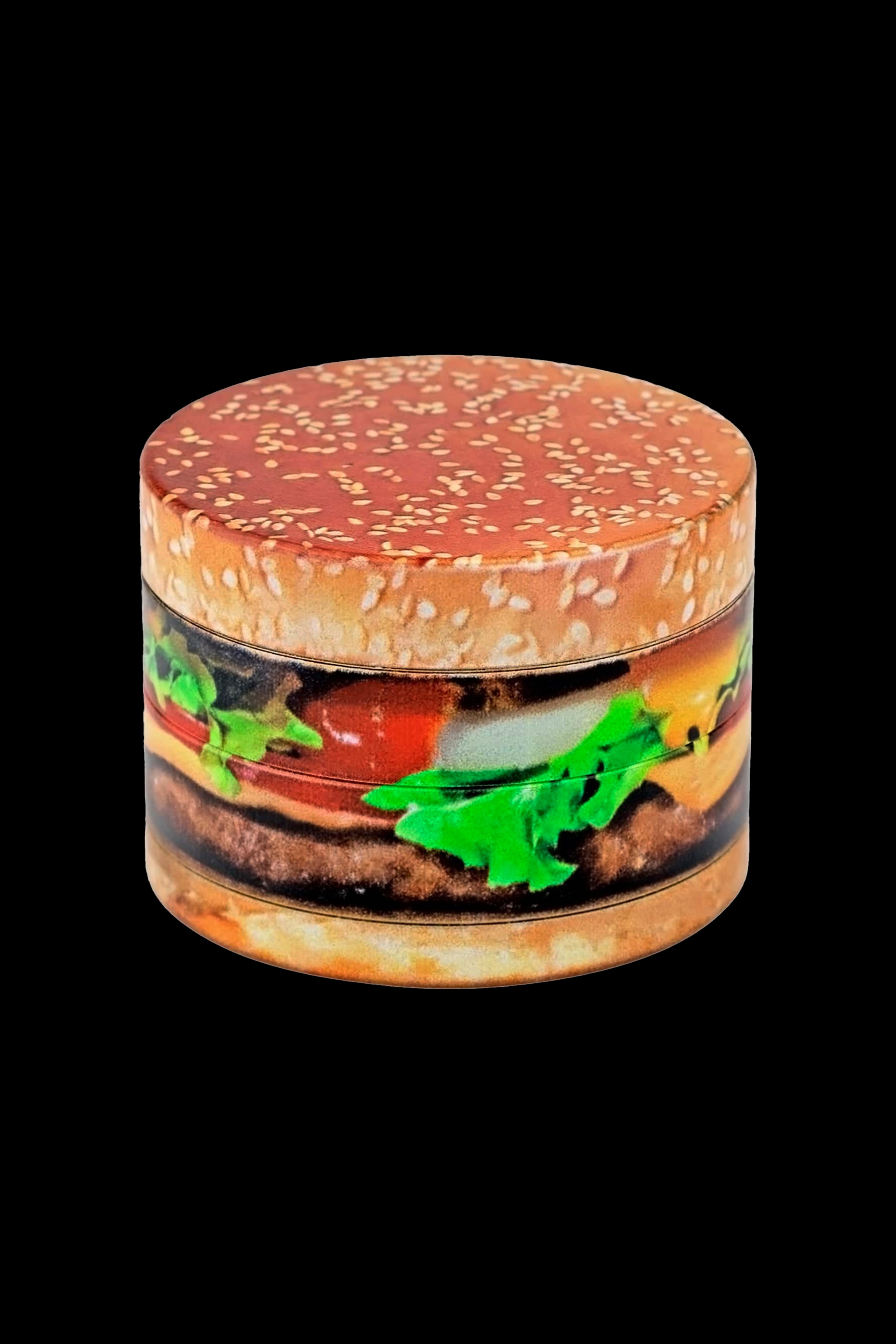 A cylindrical grinder decorated with a photorealistic image of a hamburger.