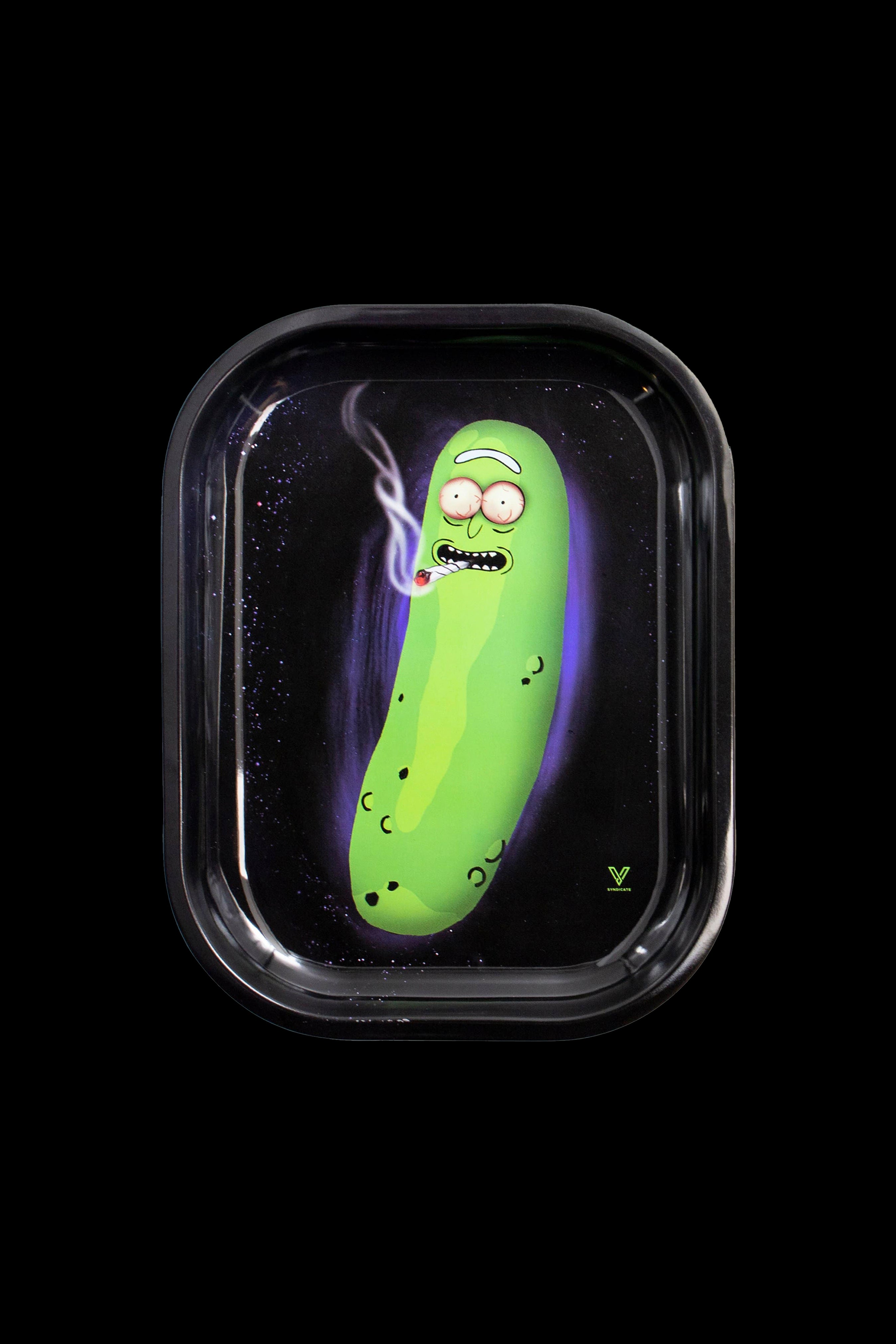 Rick Sanchez from *Rick and Morty* as a vibrant green pickle displayed within a clear rolling tray against a starry nebula background.