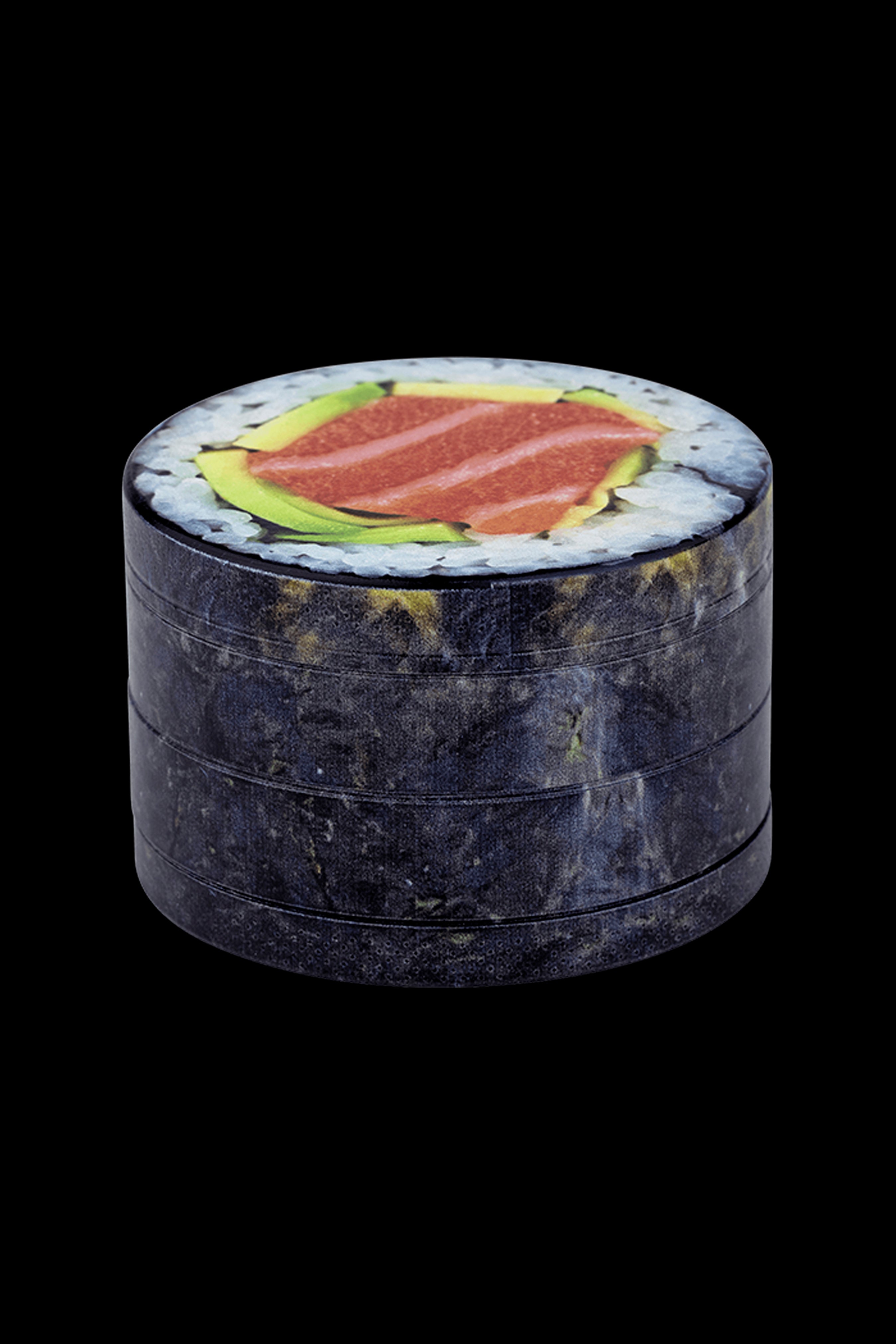 A four-piece grinder resembling a sushi roll with a dark, marbled body.