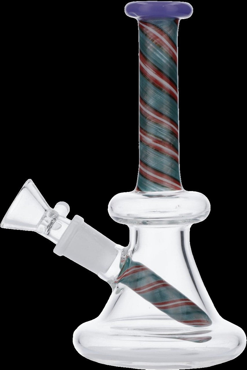 Glass water pipe with red and green striped accents.