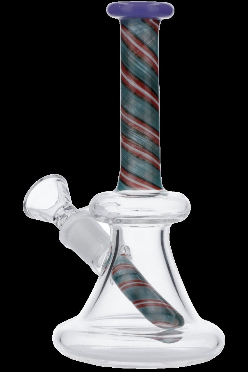 Clear glass water pipe (bong) with red and green striped accents.