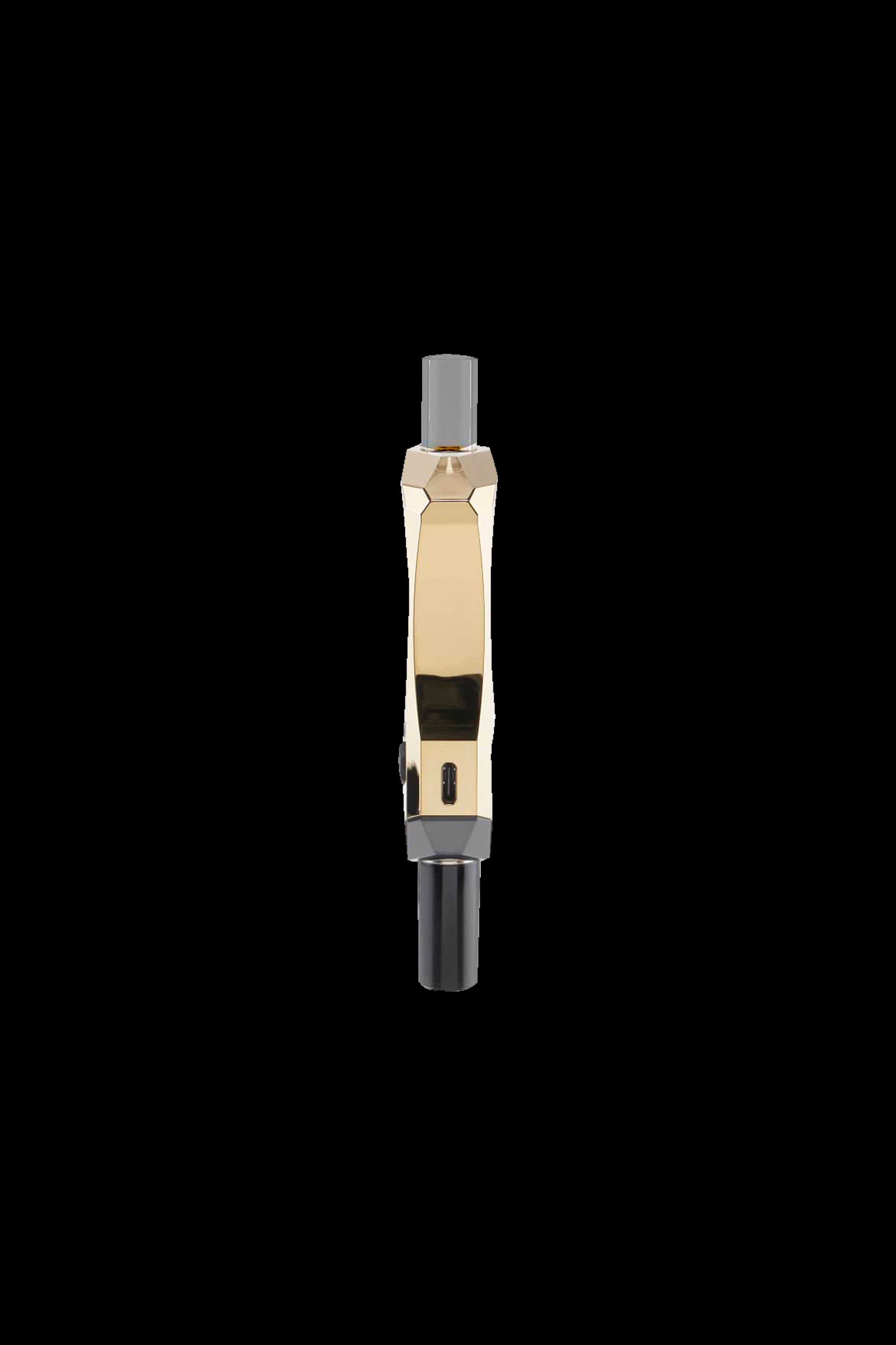 Gold cannabis vaporizer pen on a black background.