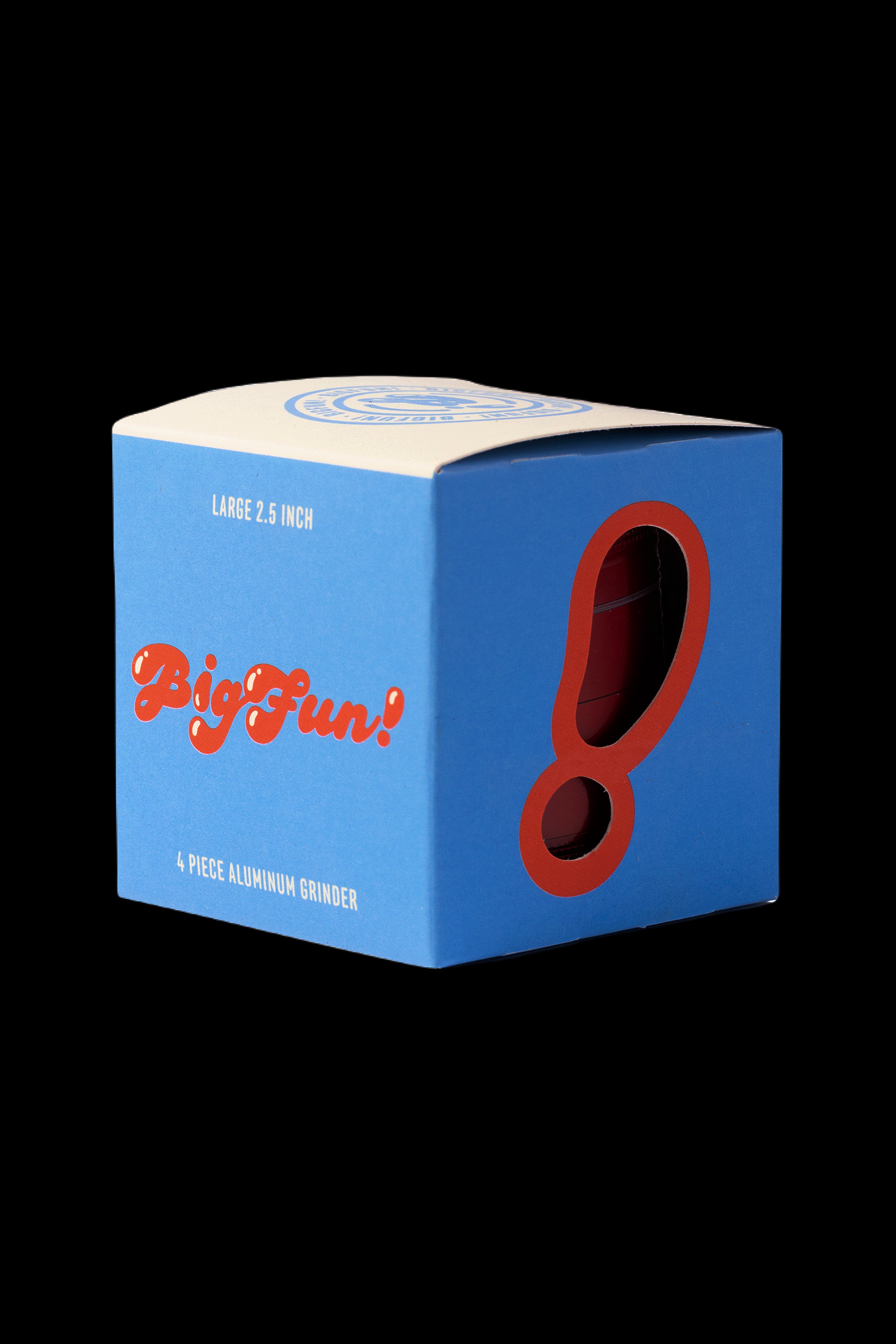Blue box for a “Big Fun!” cannabis grinder, featuring a red exclamation point graphic.