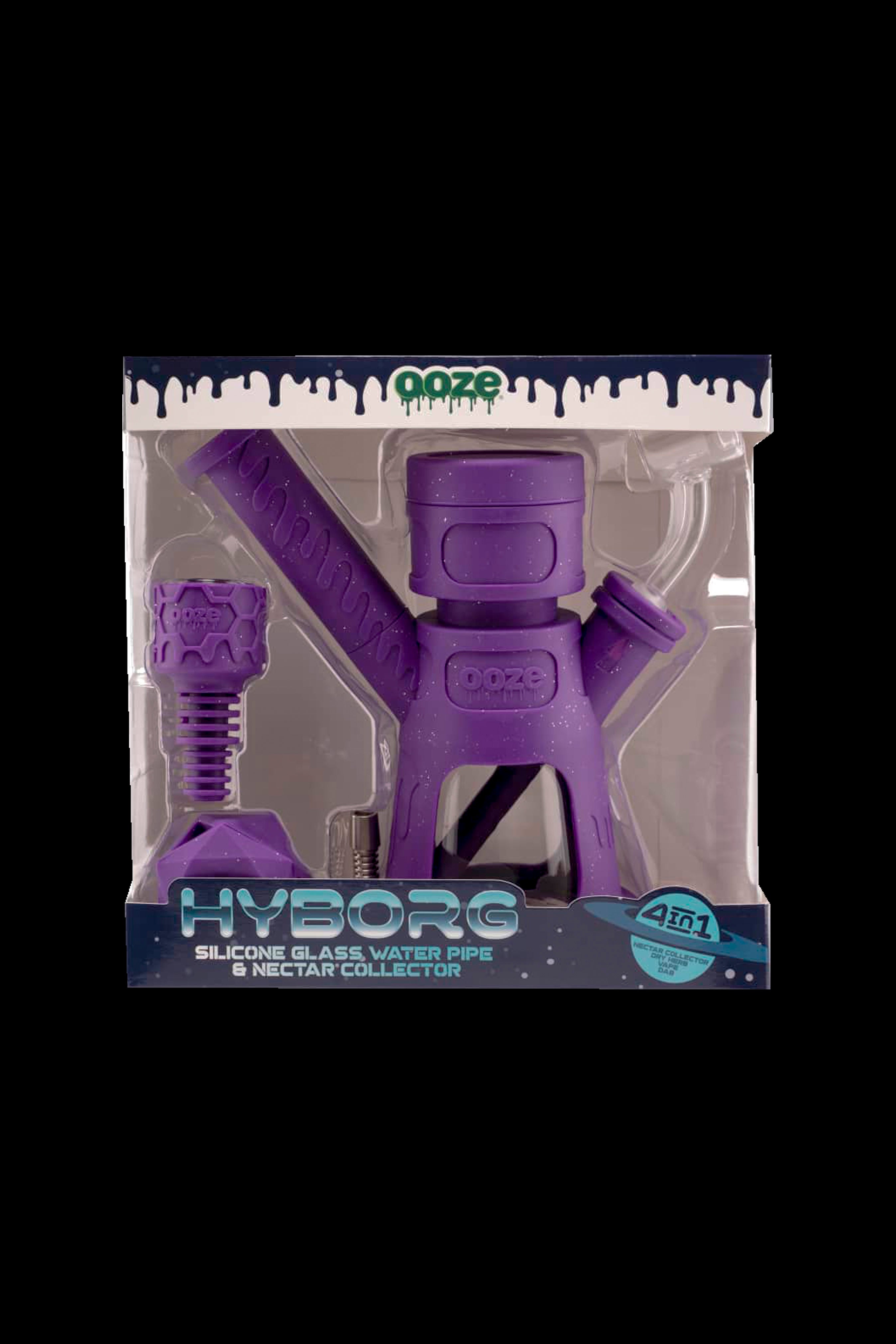 Purple silicone water pipe and nectar collector kit packaged on a retail card.