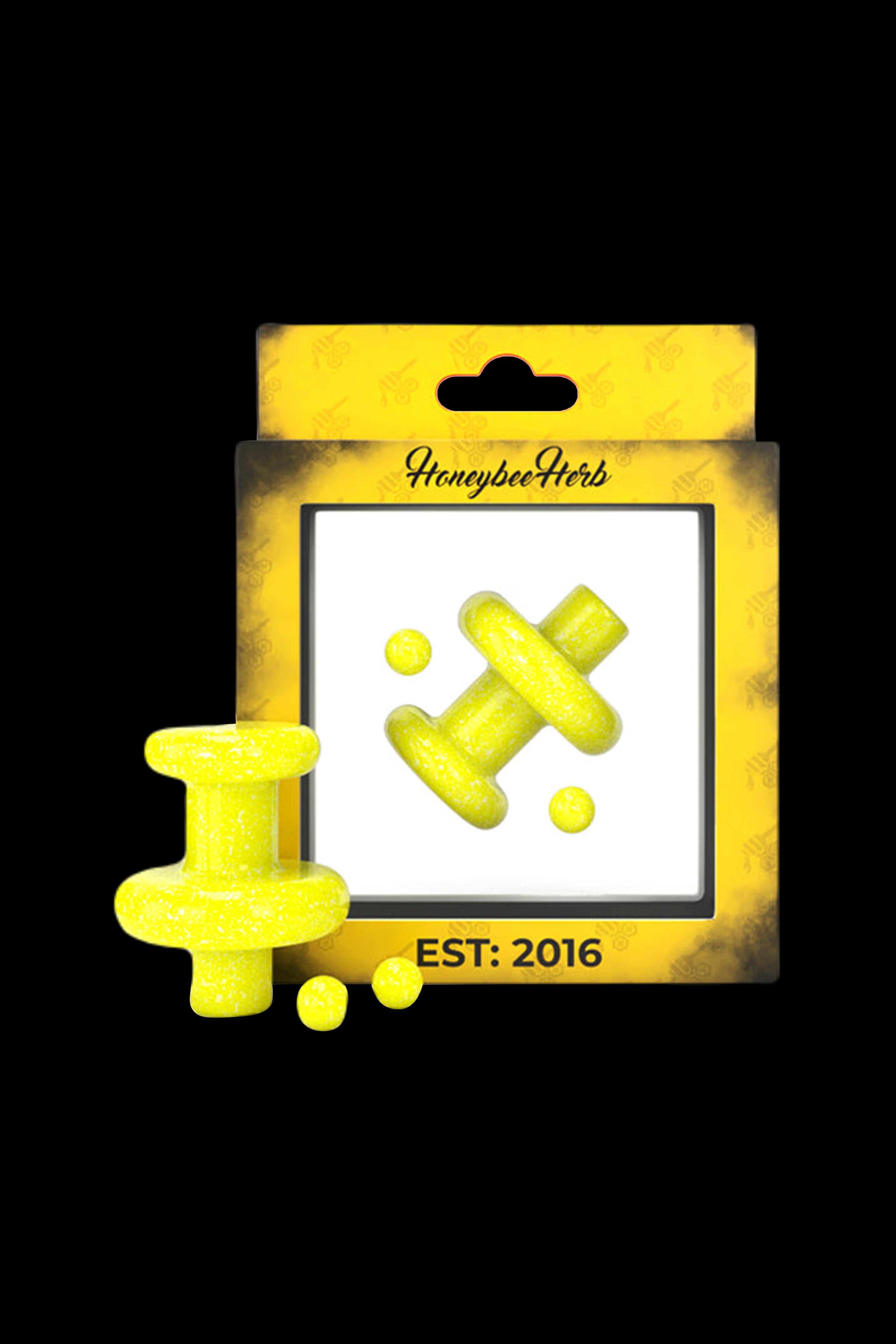 Gold packaging for Honeybee Herb cannabis accessory with a cross-shaped design and "EST: 2016" text.