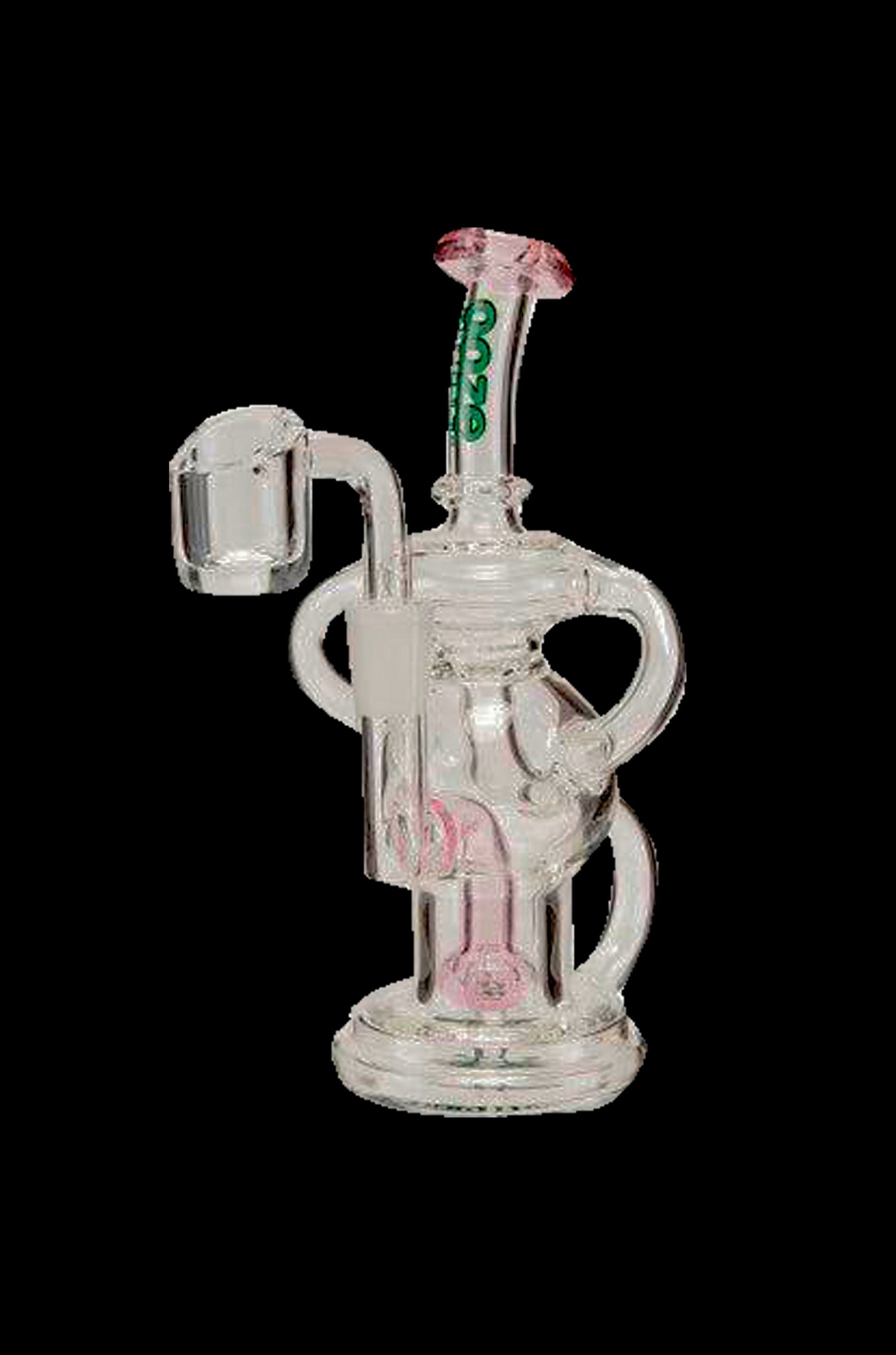 Clear glass dab rig with pink accents and a quartz banger.