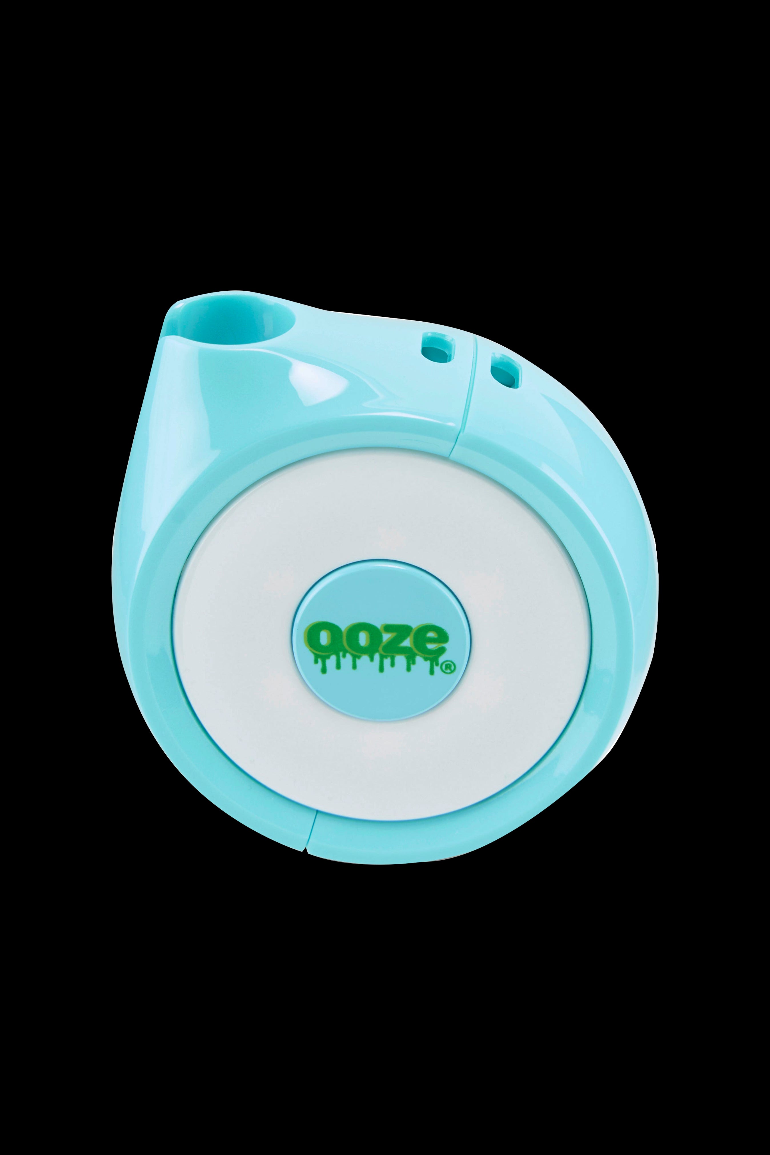 Turquoise Ooze smoking device with green logo.