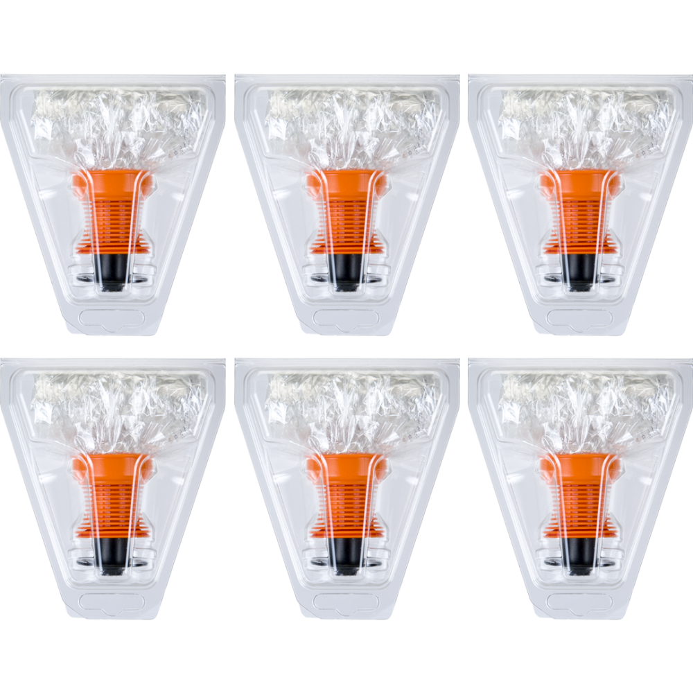 Six clear, triangular cannabis storage containers filled with dried flower and an orange scent booster.