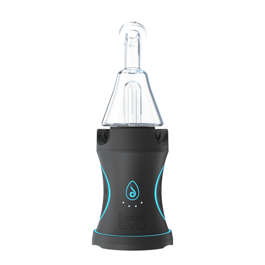 Front-facing view of the black Dr. Dabber Boost EVO with its clear glass mouthpiece and subtle blue accent lighting against a white background