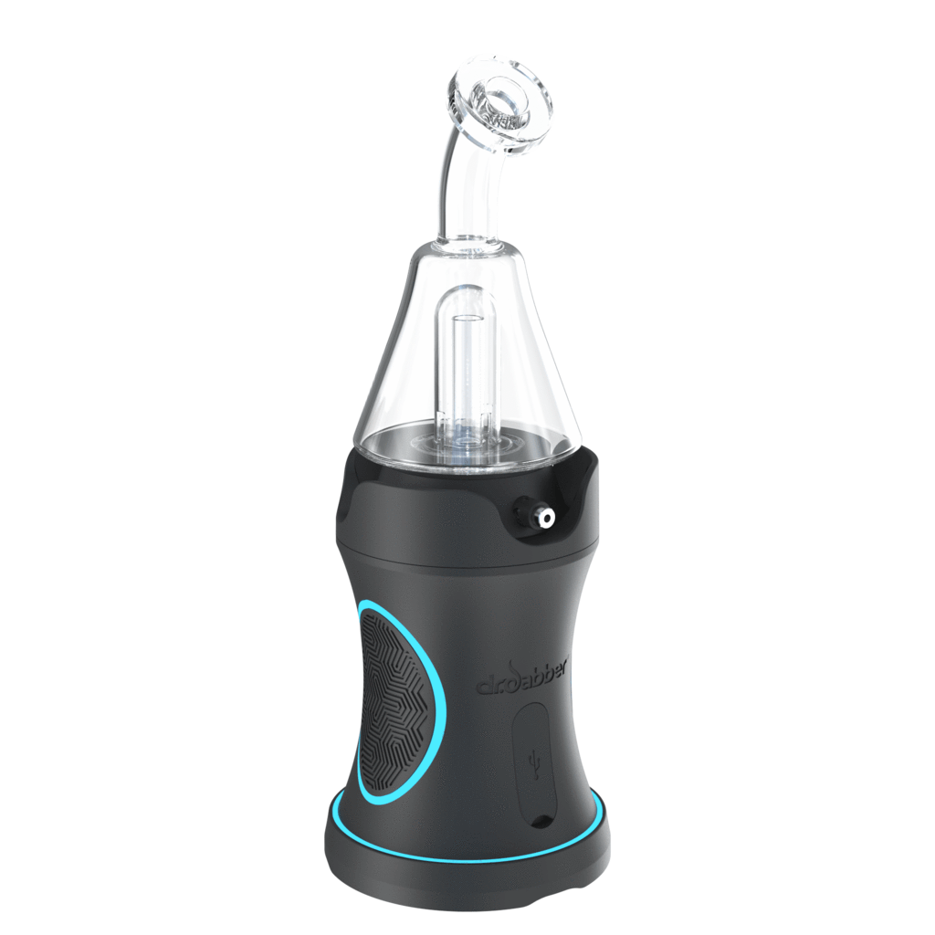 Three-quarter view of the Dr. Dabber Boost EVO showing its black base with blue accent ring and clear angled glass mouthpiece against a white background