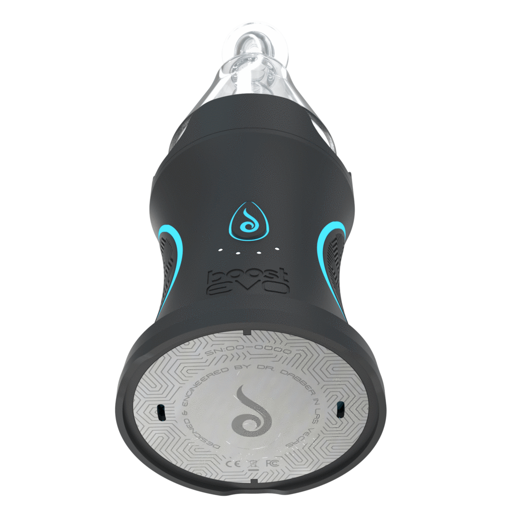 Bottom-up view of the black Dr. Dabber Boost EVO with glowing blue accents, showing its circular patterned base and clear glass mouthpiece.