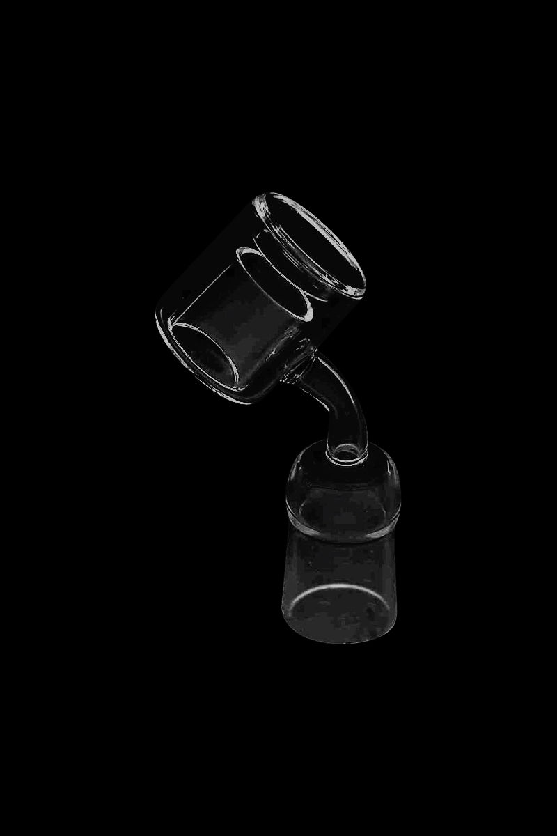 Angled close-up of a clear Female Quartz Thermal Banger - 18.8mm against a black background, showing its cup, angled neck, and joint.