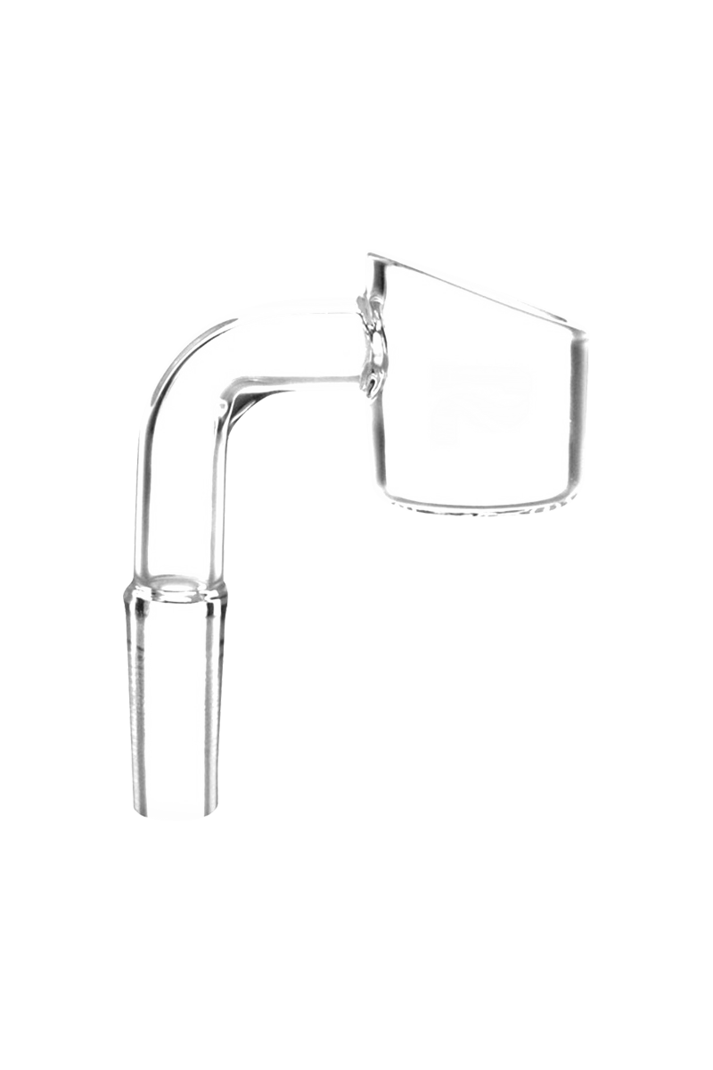 Angled side view of a clear glass Pulsar 10mm Male Domeless Quartz Banger Nail showing its bent neck and slanted cup with an embossed logo.