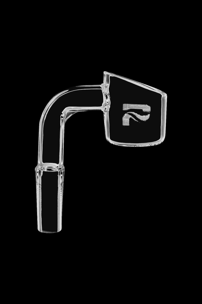 Side view of a clear Pulsar 10mm Male Domeless Quartz Banger Nail against a black background showing its angled bucket and curved joint.