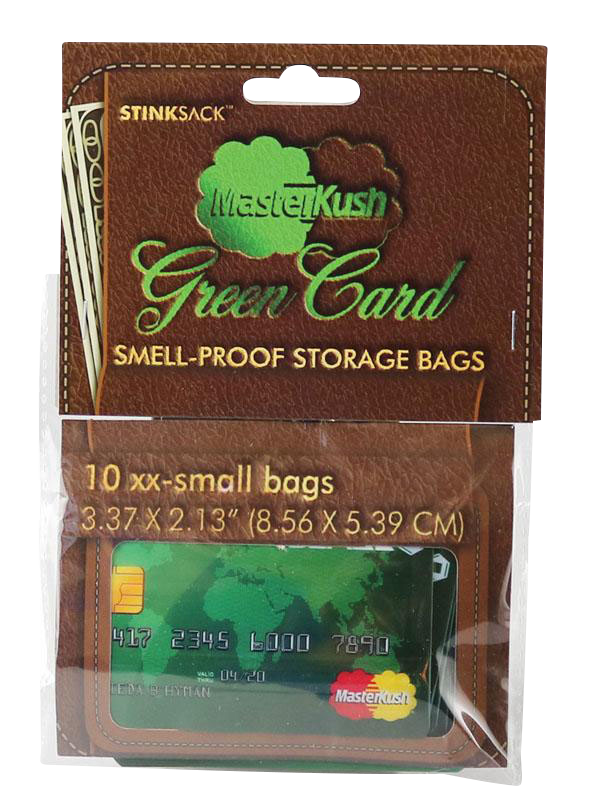 Front view of the “Stink Sack MasterKush” Storage Bags, a translucent, sealed plastic package with bold green lettering.