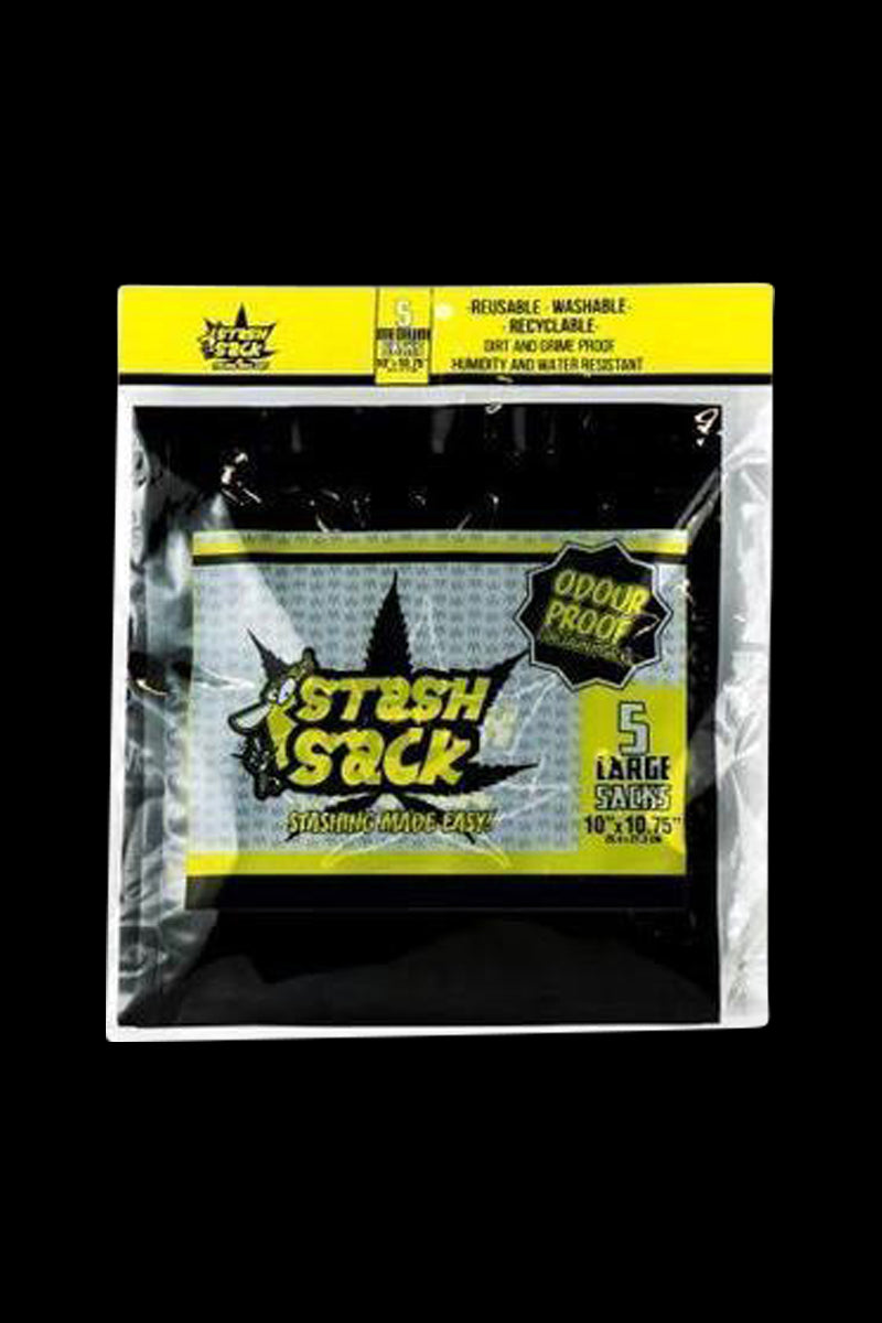 Front-facing shot of the Stash Sack Baggie - 5 Pack in its clear plastic package with a yellow label and bold black logo.