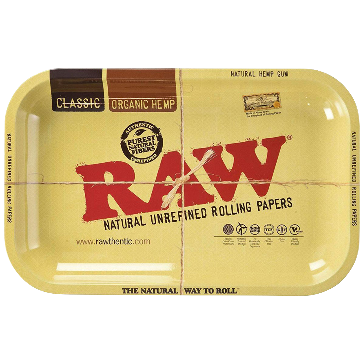 Overhead view of the RAW Aluminum High Sided Rolling Tray, displaying its silver surface with branded text and a slight curve.