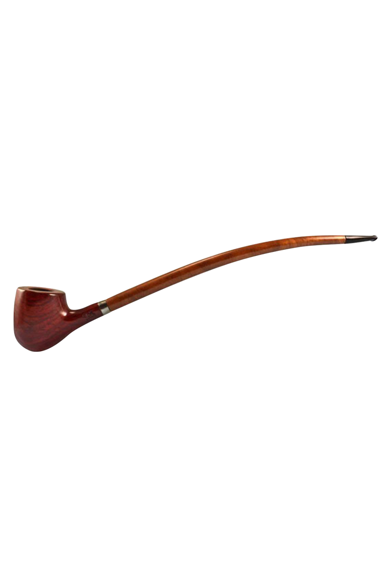 A side view of the Pulsar "Apple Churchwarden" Rosewood Sherlock Pipe with a curved stem and polished wood finish.