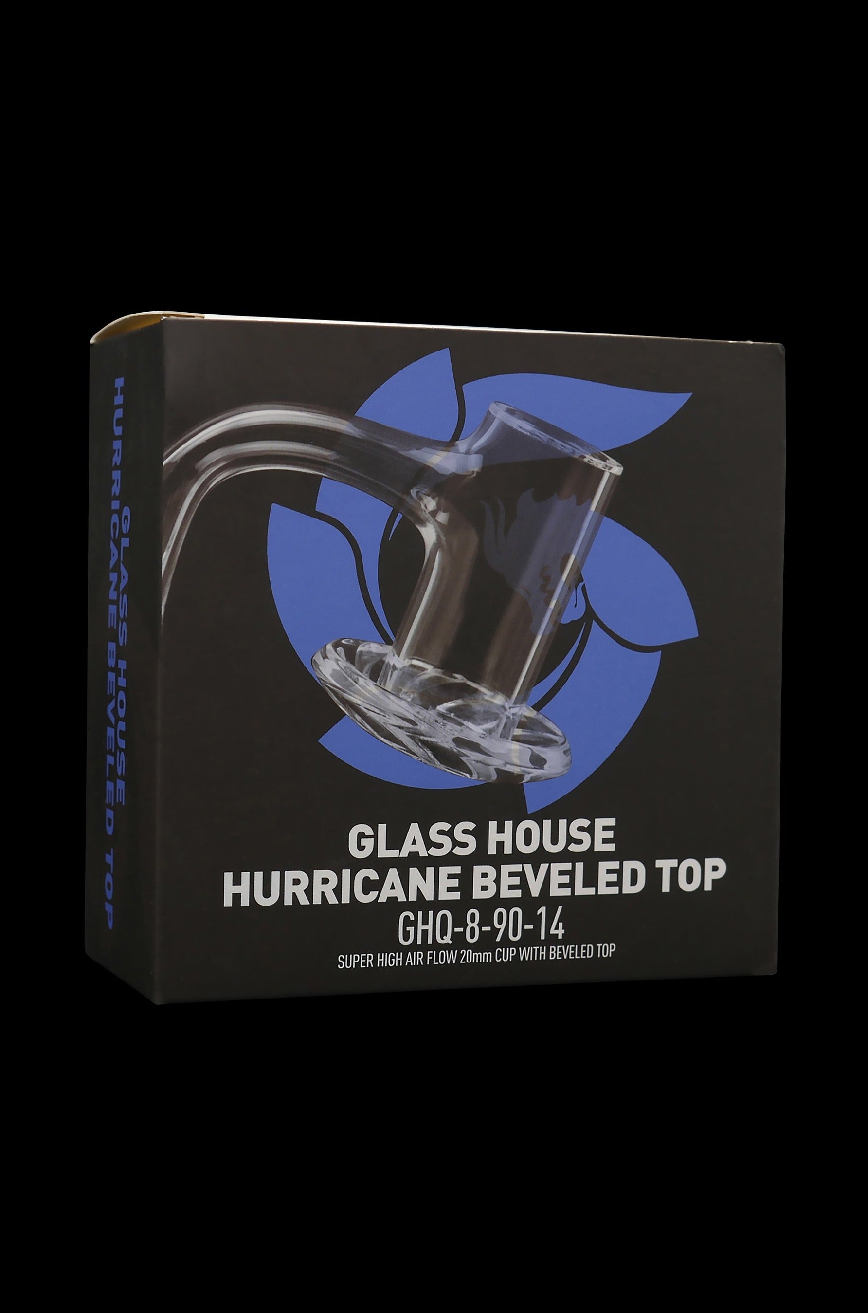 Product packaging for a “Glass House Hurricane Beveled Top” cannabis accessory, featuring a blue and black design and product details.