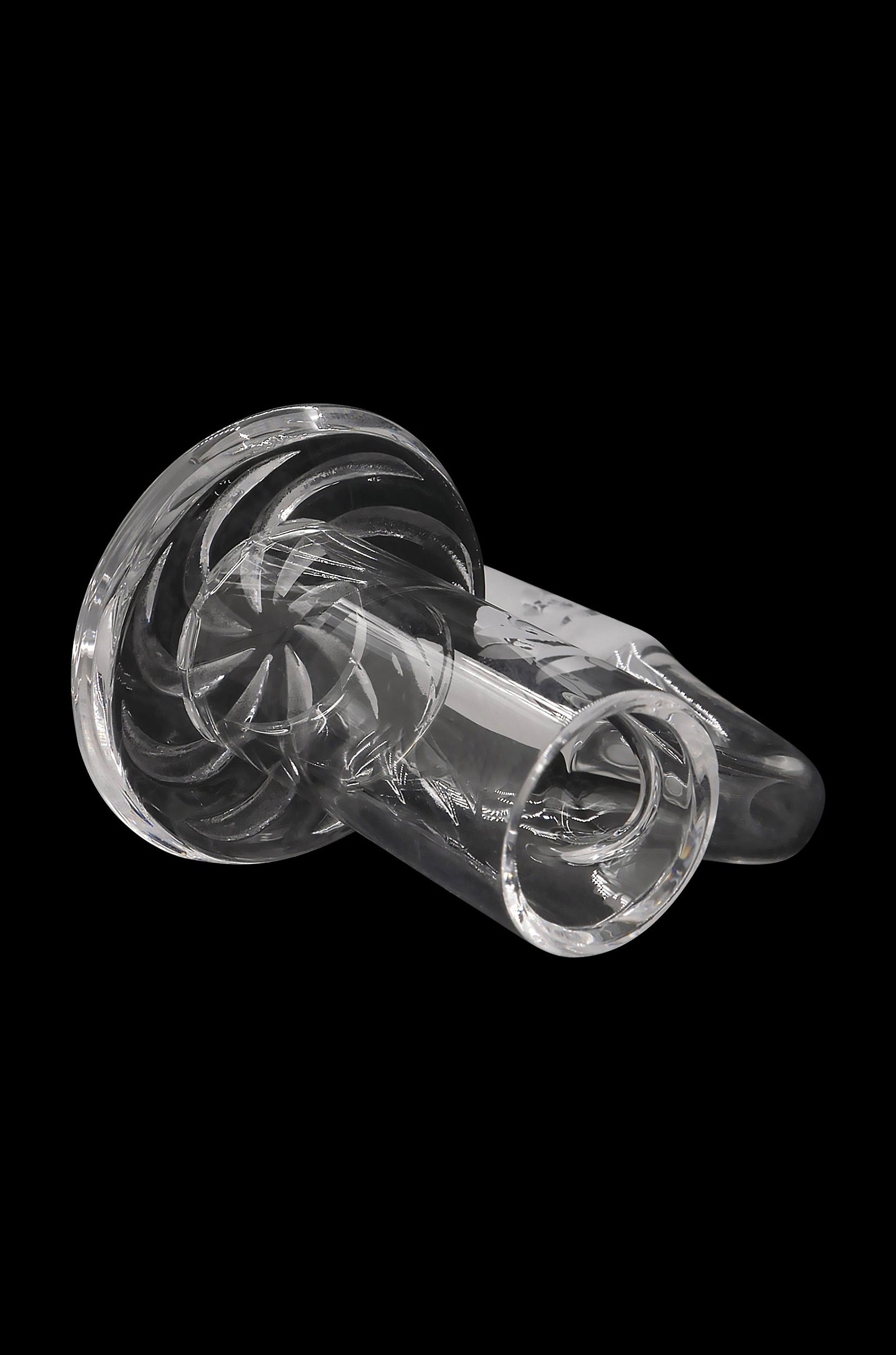 Clear glass cannabis pipe with intricate swirling pattern.