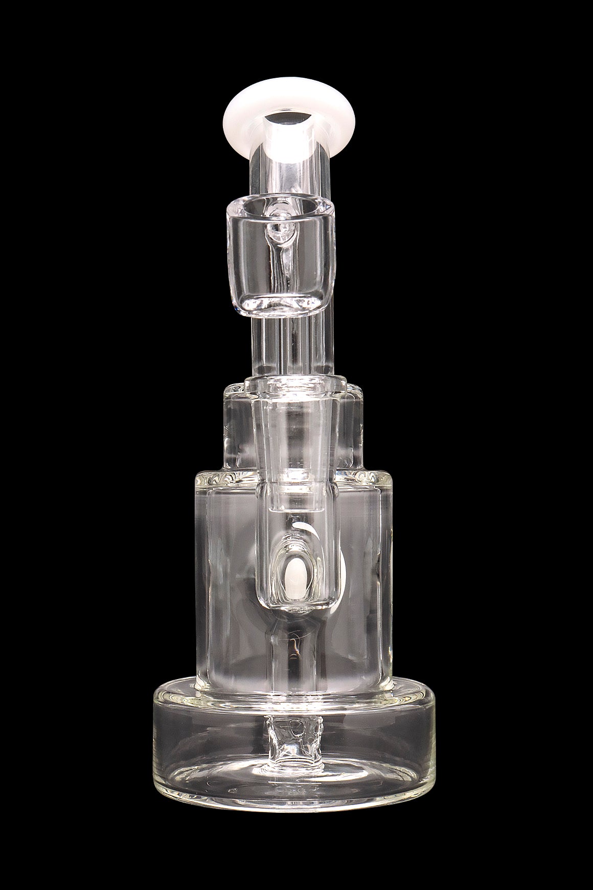 Clear glass dab rig with multiple percolators, isolated on a black background.