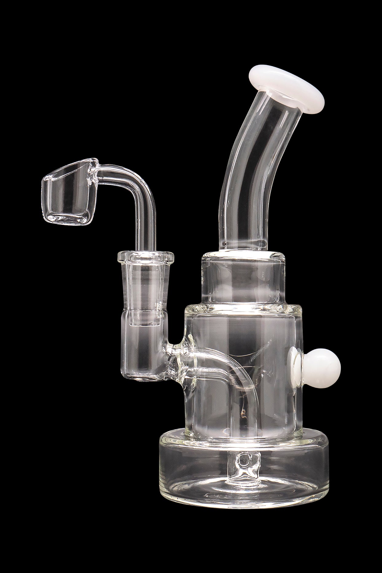 Clear glass dab rig with a quartz banger and white accents, isolated on a black background.