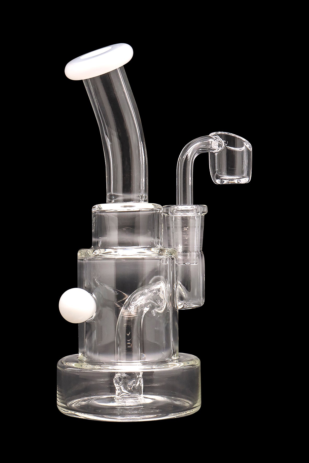 Clear glass dab rig with white accents, featuring a bubbler and quartz nail.