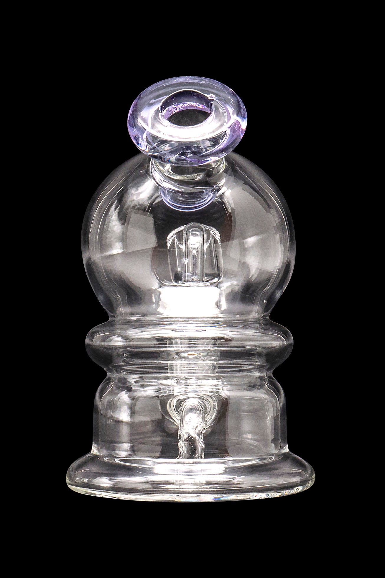 Clear glass dab rig with intricate internal percolators and a looped handle, isolated on a black background.