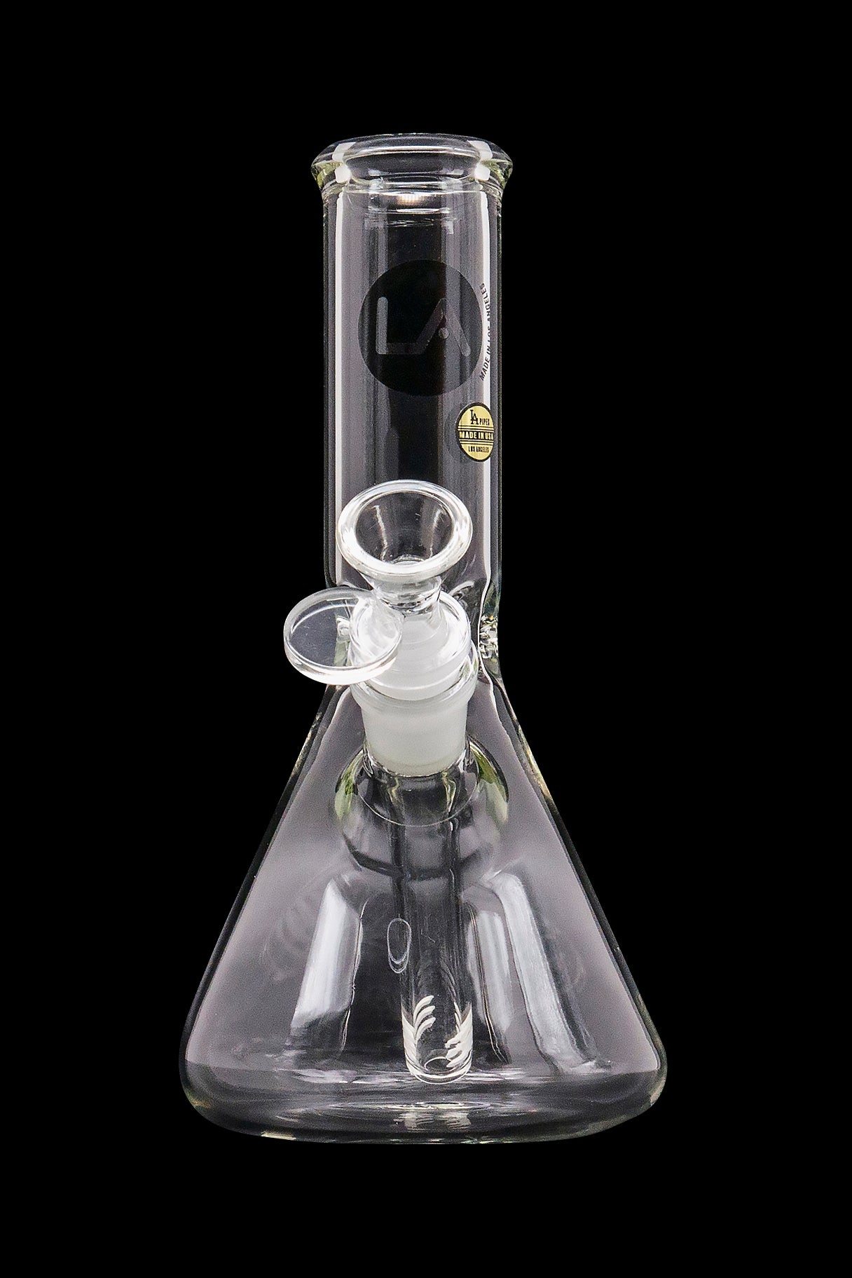 A straight-on view of the LA Pipes Basic Beaker Water Pipe - Simply Guy, showcasing the clear glass beaker shape and simple design.