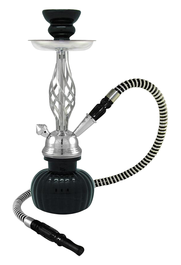 A front view of the Swirl 1-Hose Premium Hookah, showing its silver stem and black bowl, connected by a dark hose.