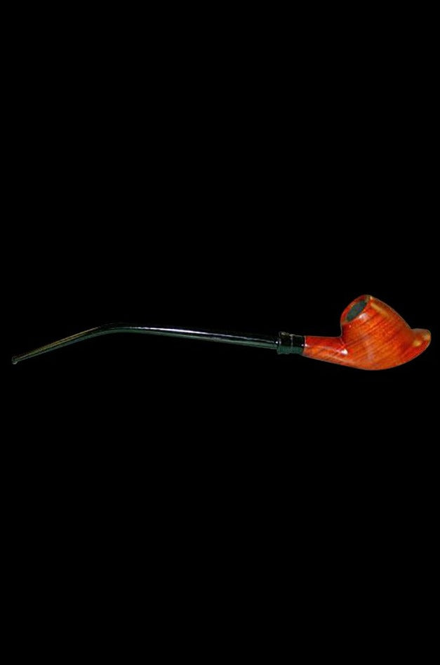 A side view of the Pulsar Volcano/Churchwarden Hybrid Toba Pipe, showing its long, curved stem and brown-toned body.