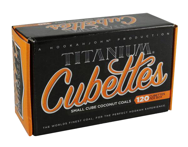 Front view of the 120 Titanium Coconut Coals - CUBETTES packaging, featuring bold text on a dark background.
