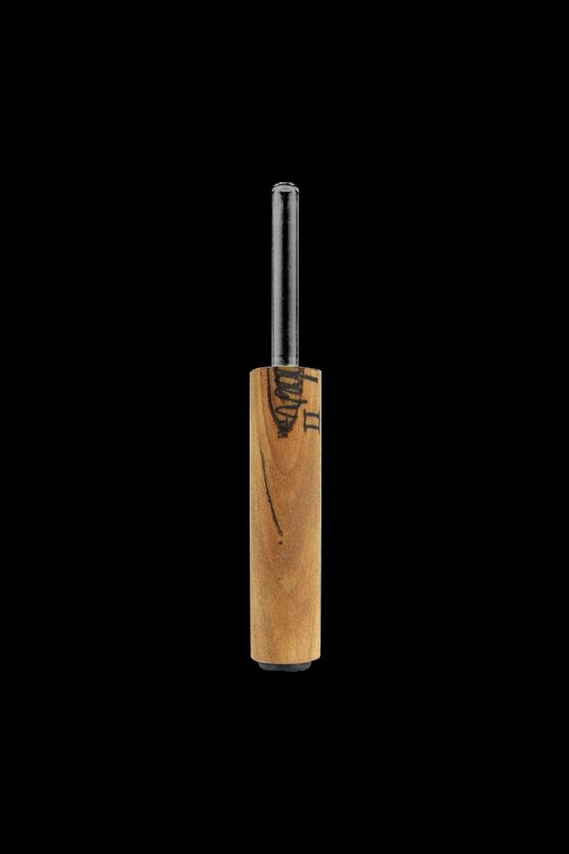 Center-framed front view of a Honey Dabber II Vapor Straw Collector showing a vertical wood handle with visible grain and inked mark and a black metal tip against a solid black background