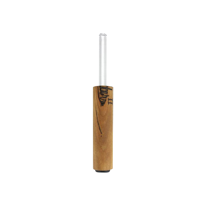 Center-frontal view of the Honey Dabber II Vapor Straw Collector showing a vertical wood-grain handle with a clear glass straw against a white background